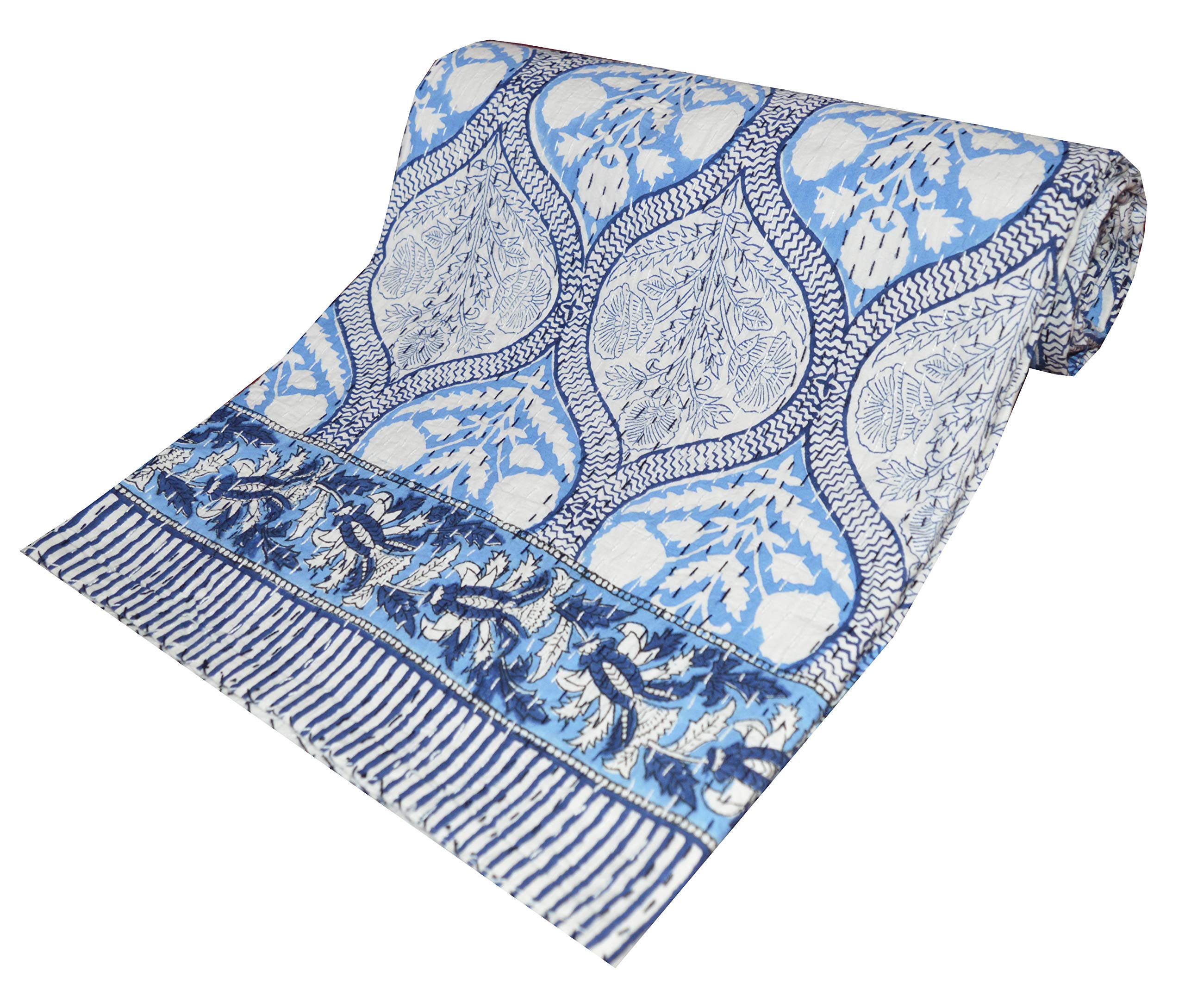 V Vedant Designs Hand Block Print Kantha Quilt Throw Cotton Bedding Blanket Twin Bohomain Bedspread Quilt