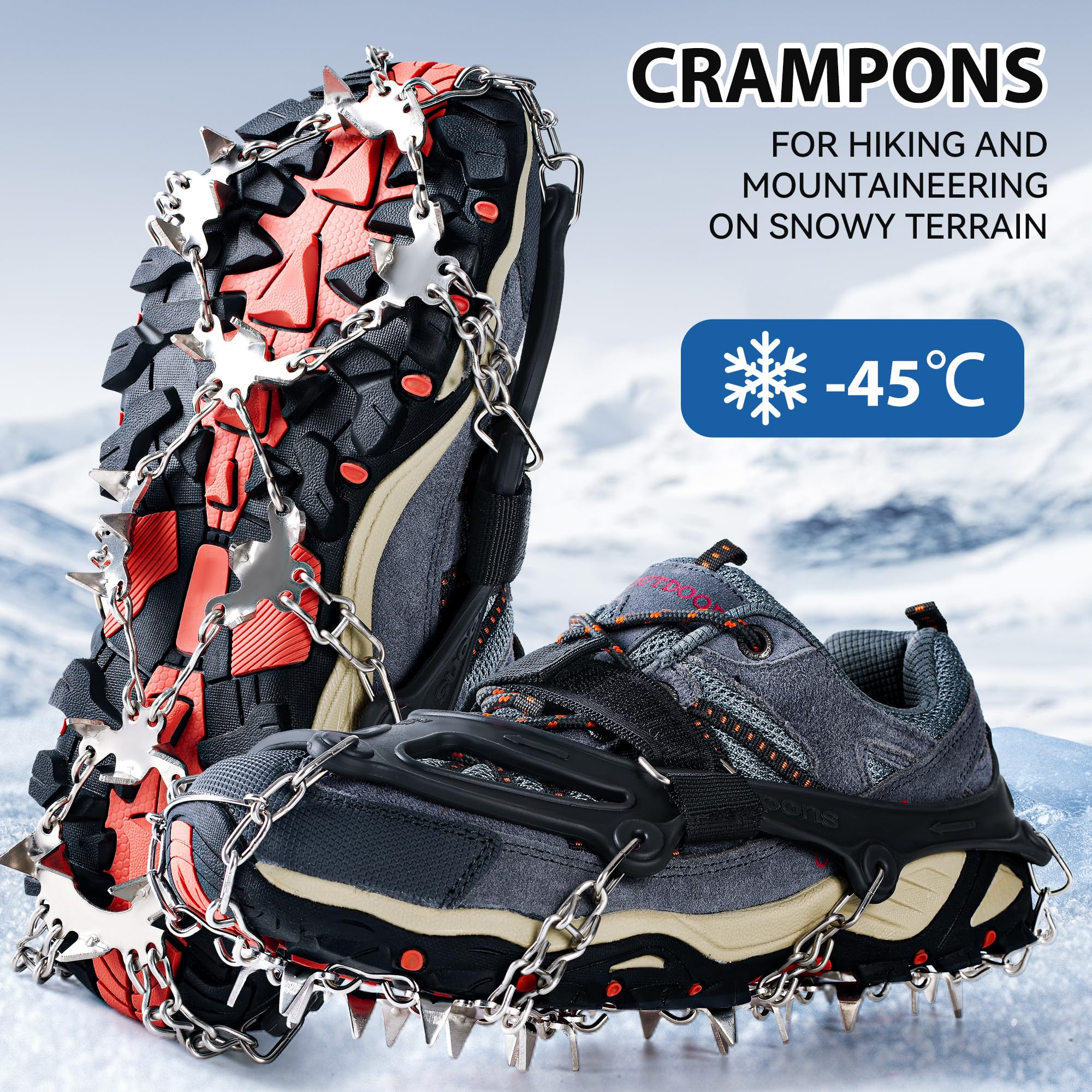 Ramponcini per Scarponi, Ramponi da Ghiaccio per Scarpe e Stivali, Artigli da Neve con 26 Punte in Acciaio Inox, per Escursioni Invernali, Pesca e Passeggiate