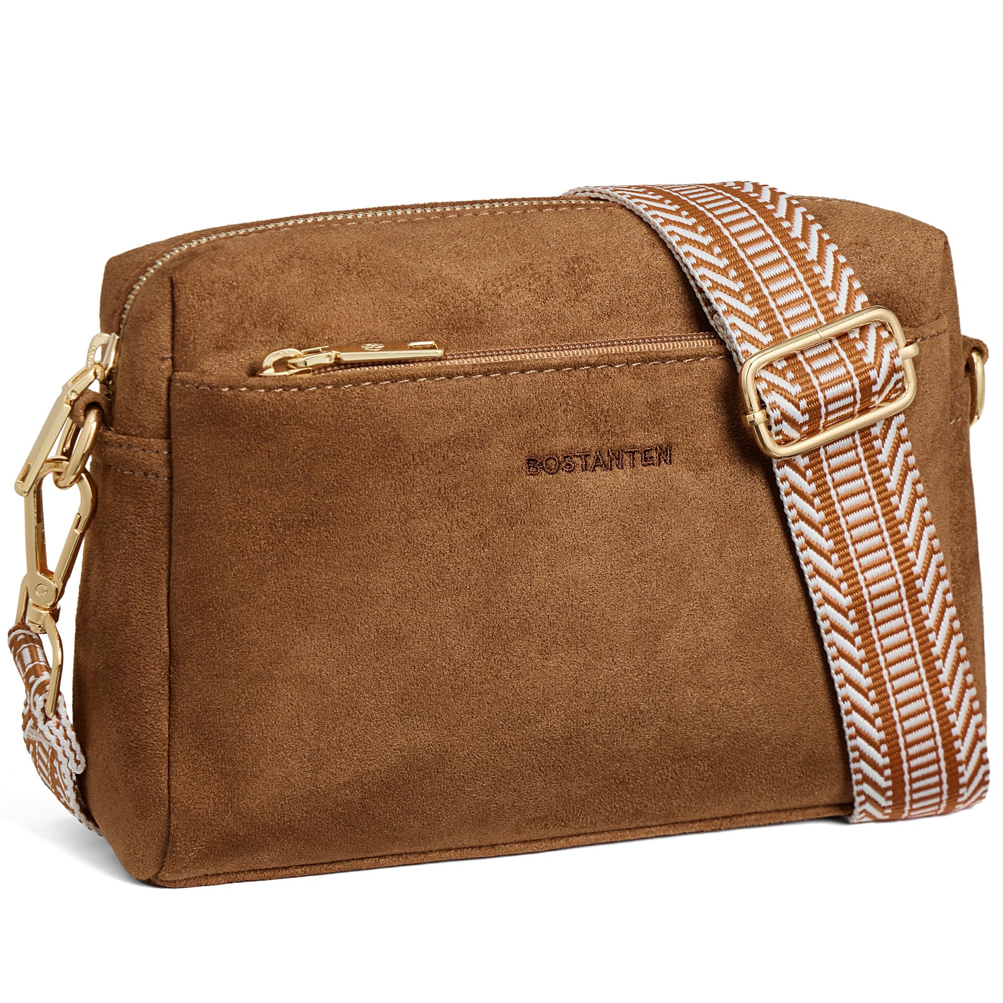 BOSTANTEN Small Crossbody Purse for Women Triple Zip Cell Phone Leather Handbag with Colored Shoulder Strap, Suede Brown