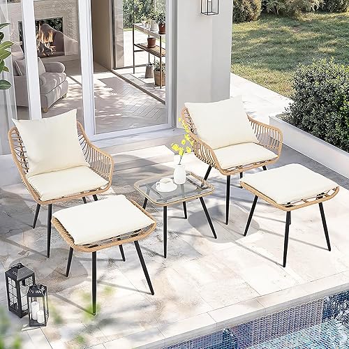 FHFO 5 Pieces Outdoor Wicker Furniture Set, Patio Bistro Set with Ottomans Rattan Balcony Furniture for Apartment, Garden, Porch, Backyard, Poolside,Natural-Beige