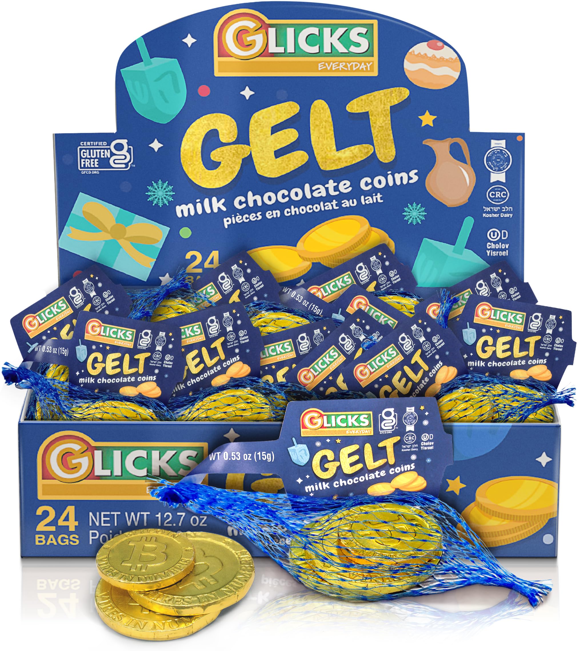 Glicks Milk Chocolate Gold Coins (24 Bags - 72 Coins) | St. Patrick’s Day Chocolate Coins | Hanukkah Coins, Chanukah Chocolate Gelt | Kosher Milk Chocolate Coins | Gluten Free, Product of Israel | Chalav Yisroel | For Holidays, Chanukah Parties & Dreidel Games or Every Day!