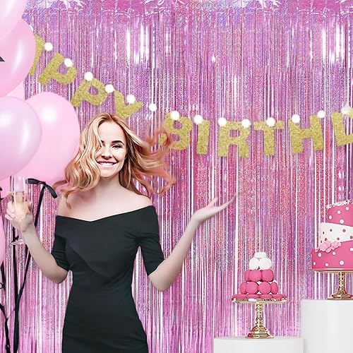 Miniatura 3 de Paquete de 2 decoraciones de fondo de oropel rosa para fiestas, 3.3 pies x 8.2 pies, serpentinas de puerta rosa para cumpleaños, unicornio,