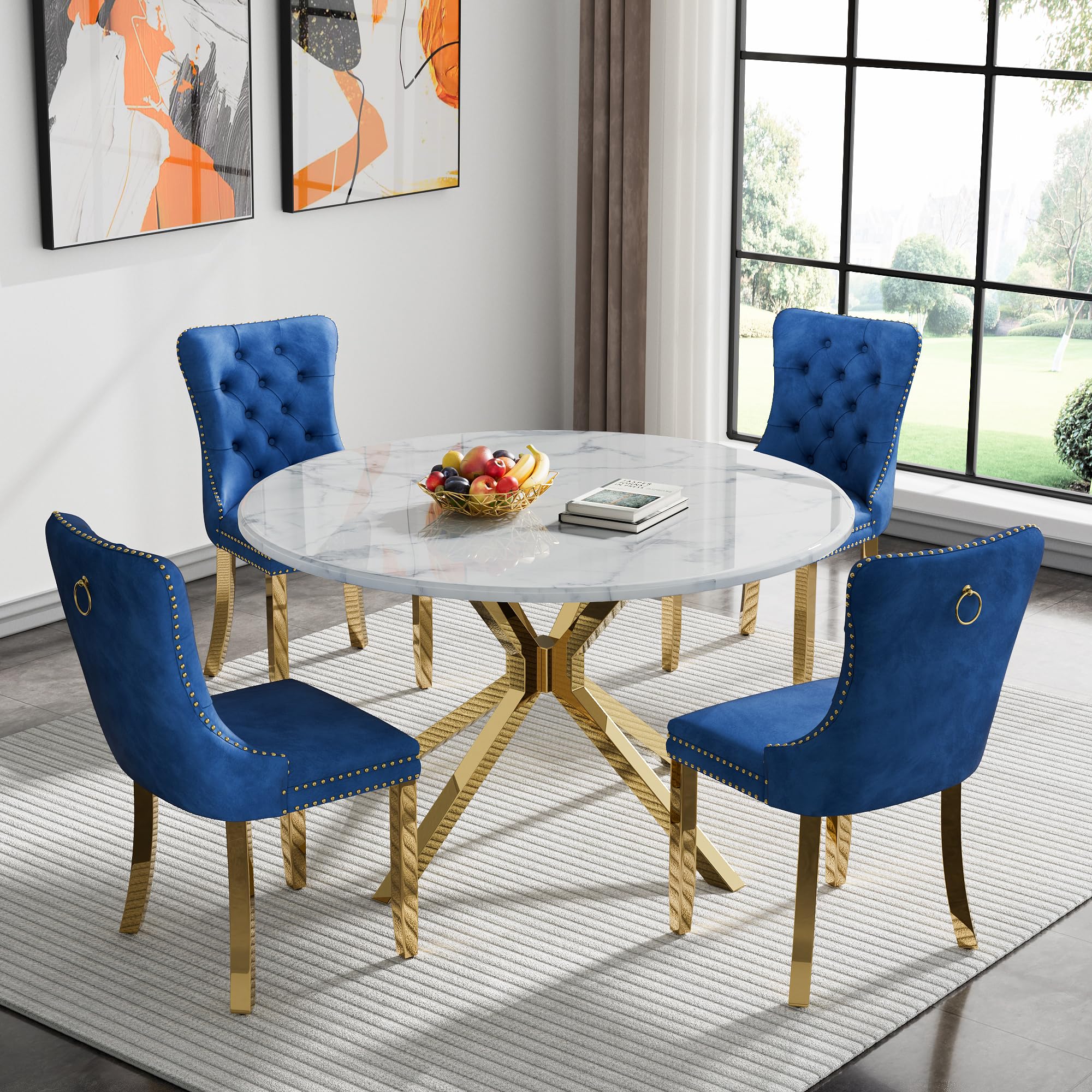 5-Piece Round Dining Table Set for 4, Luxury Faux Marble Kitchen Table Set for 4 with Blue Velvet Chairs, 45" Circle Dining Room Tables with White Marble Top and Gold Stainless Steel Cross Legs