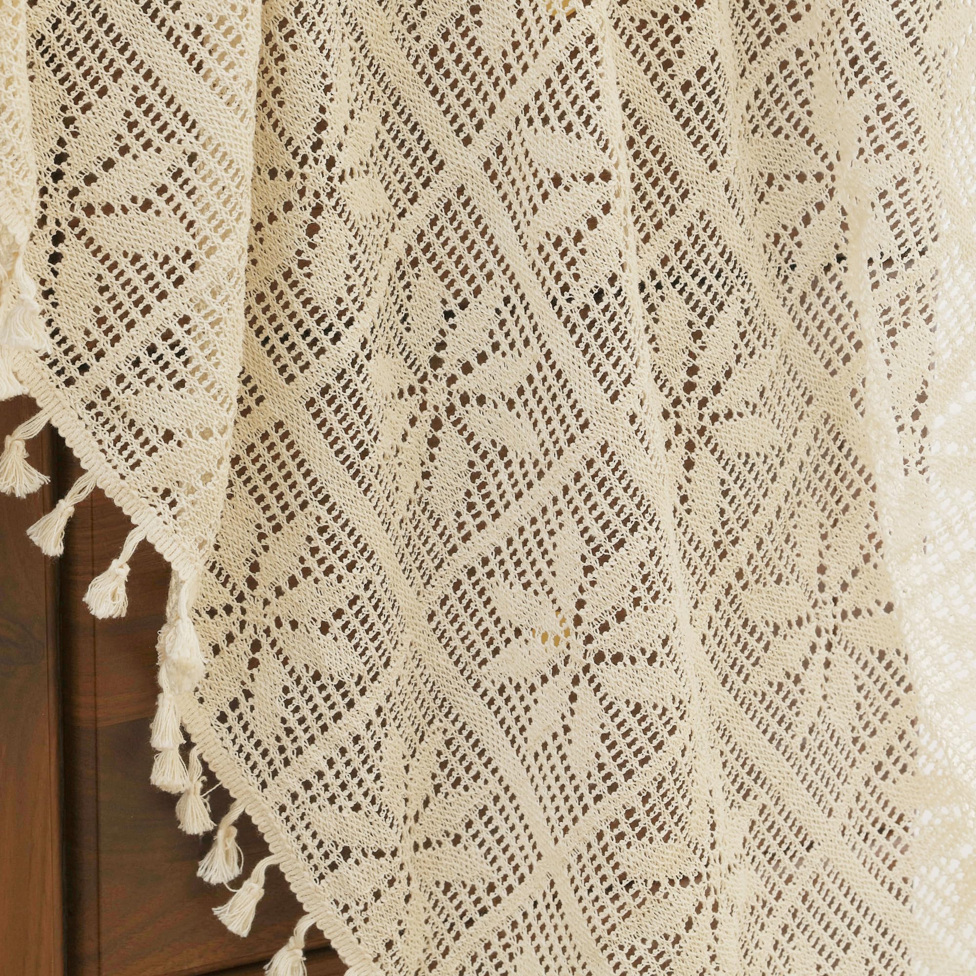RUIXUAN Lot de 2 rideaux bohèmes vintage - Style maison de campagne - En coton - Beige - Avec pompon - Pour salon, chambre à coucher - 150 x 230 cm (l x H)
