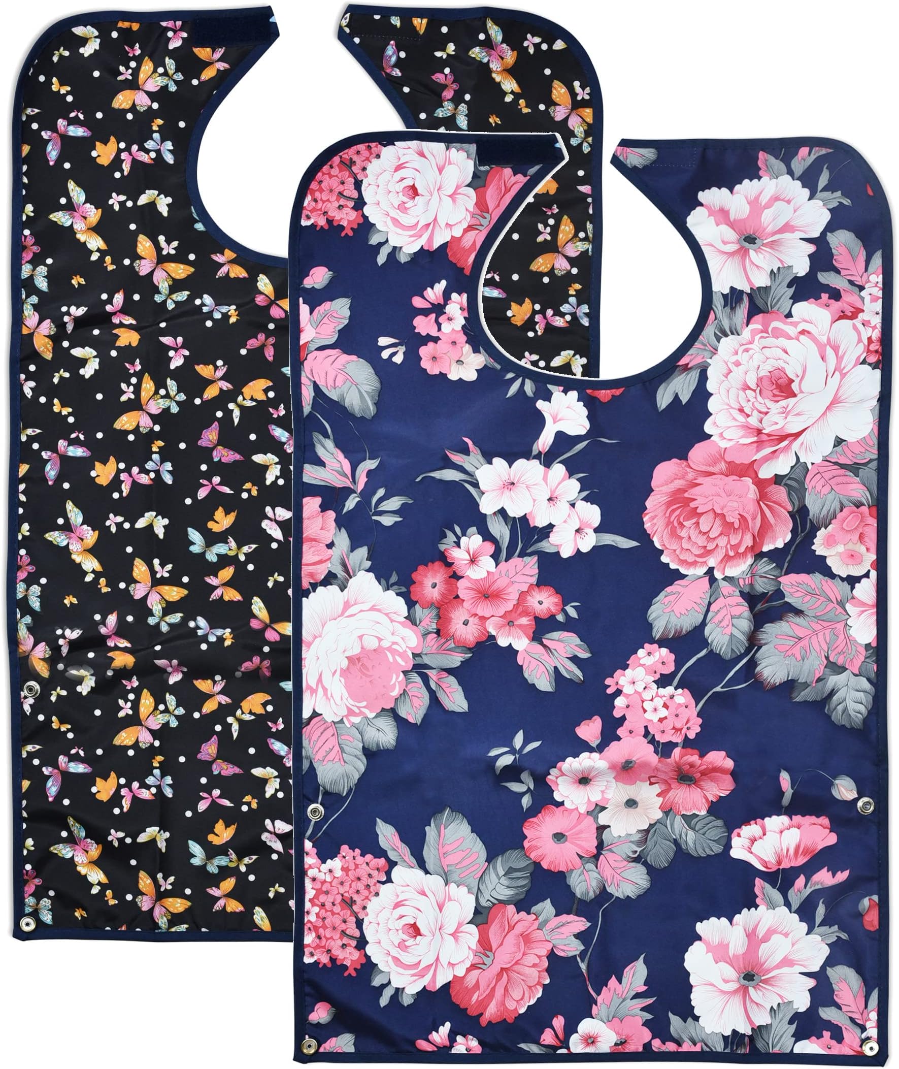 Celley 2 Pack Adult Bibs for Eating with Crumb Catcher Washable and Reusable Clothing Protectors for Elderly Women, Floral, One Size