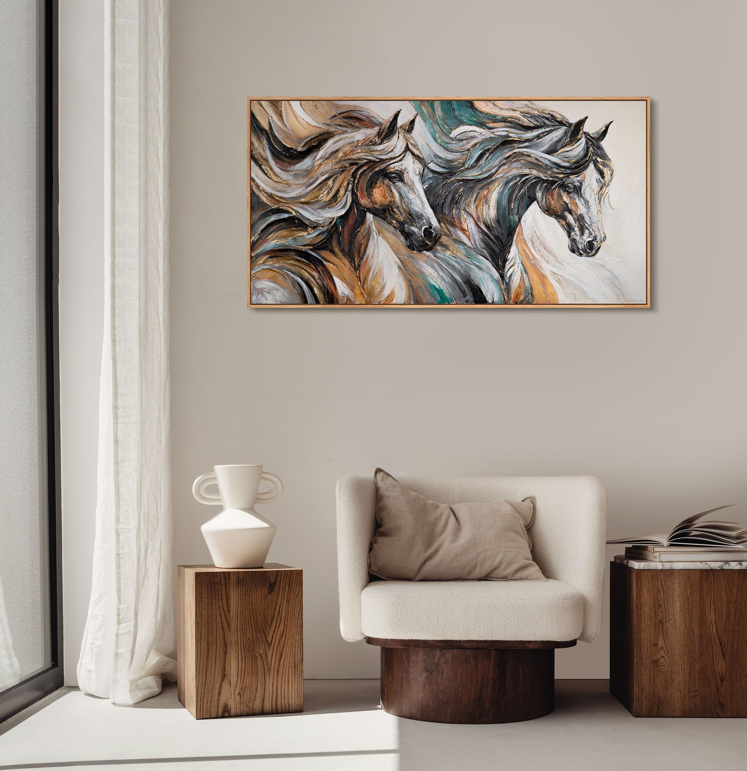 YS-Art Quadro Cavalli Astratti Dipinto a Mano su Tela con Texture Materica e Dettagli Oro per Soggiorno Ufficio 140x70 cm