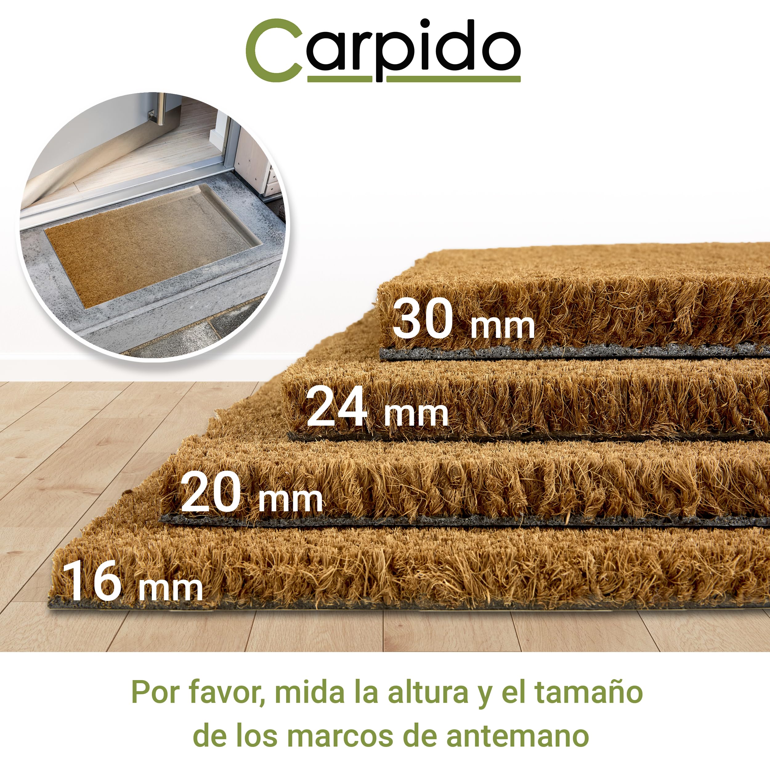 Carpido Alfombrilla antideslizante de coco – 50 x 80 cm 30 mm natural – para interior y exterior cubierto – Felpudo 100% coco – Felpudo para puerta entrada