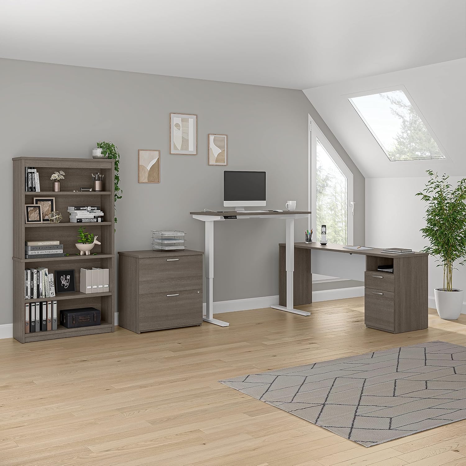 Bestar Upstand L-Shaped Standing Desk with Bookcase and File Cabinet, 72W, Bark Grey & White