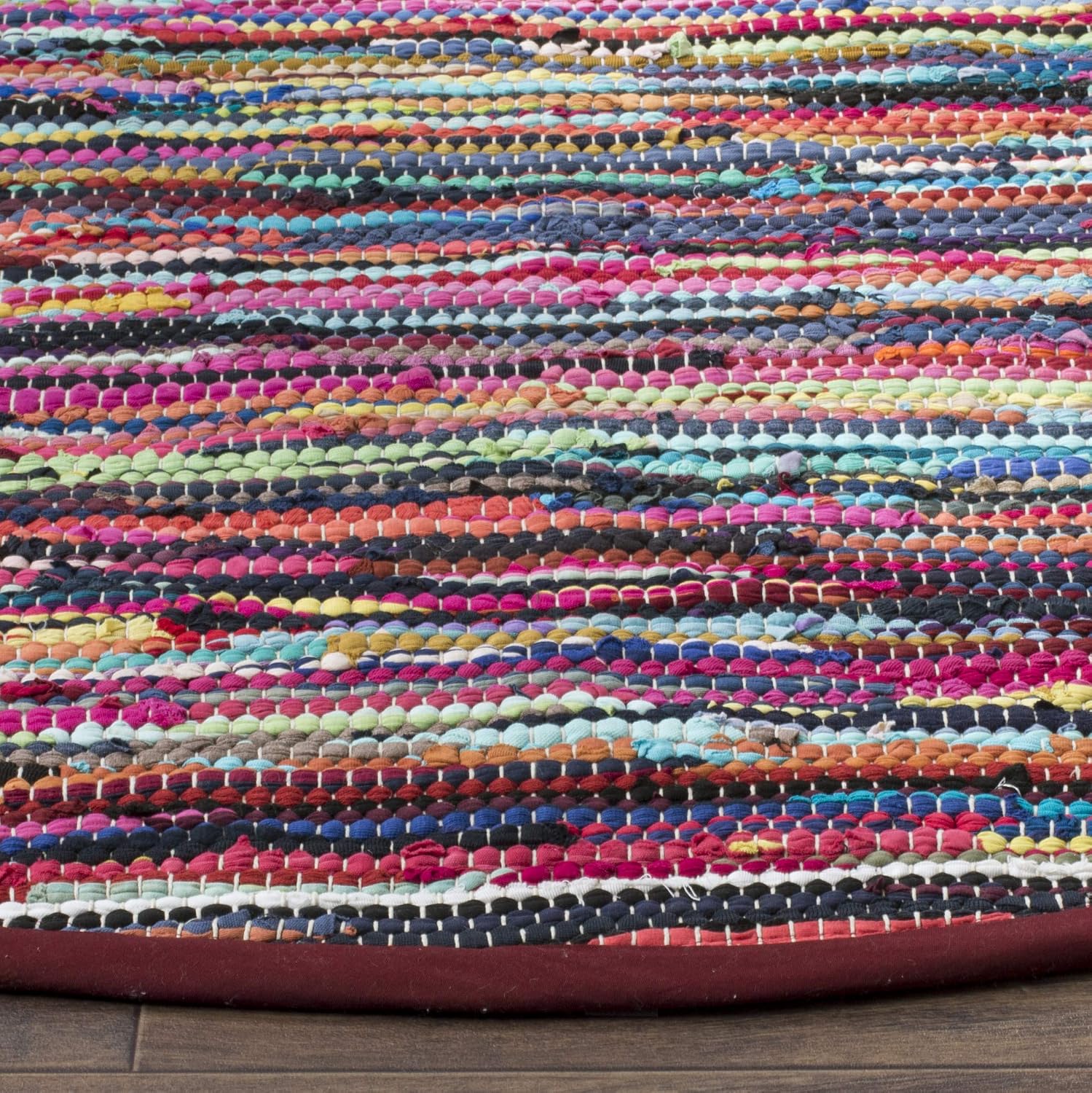 SAFAVIEH Rag Rug Collection Area Rug - 4' Round, Multi, Handmade Boho Stripe Cotton, Ideal for High Traffic Areas in Living Room, Bedroom (RAR128G)