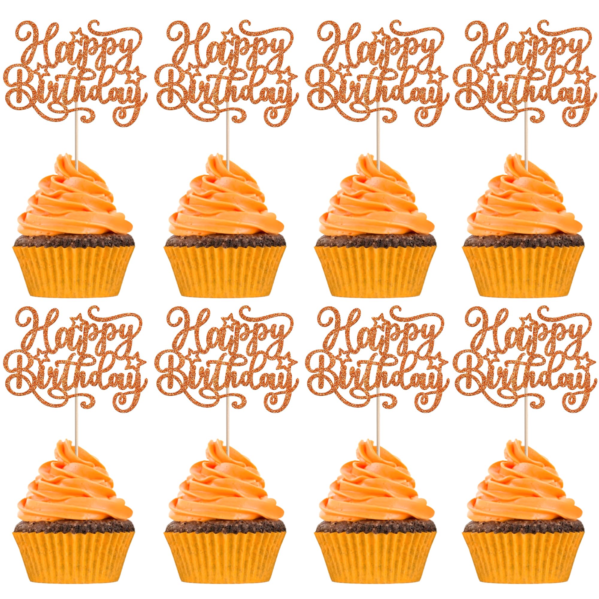 24 Pack Happy Birthday Cupcake Toppers Glitter Celebrating Anniversary Cupcake Picks for Birthday Anniversary Theme Party Cake Decorations Supplies Orange — image 1