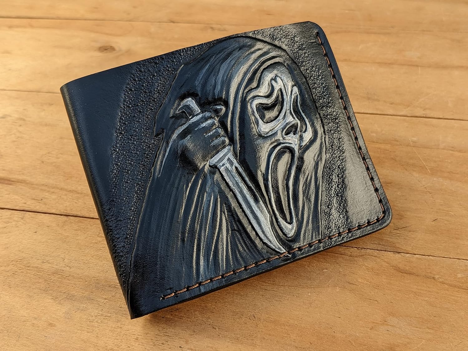 Skull, Bone, Jaw, Skeleton, Mask, Knife, Men's 3D Genuine Leather Wallet, Handmade wallet, Carved wallet, Tooled wallet, Airbrush Art, Bifold wallet, Custom wallet, Personalized wallet