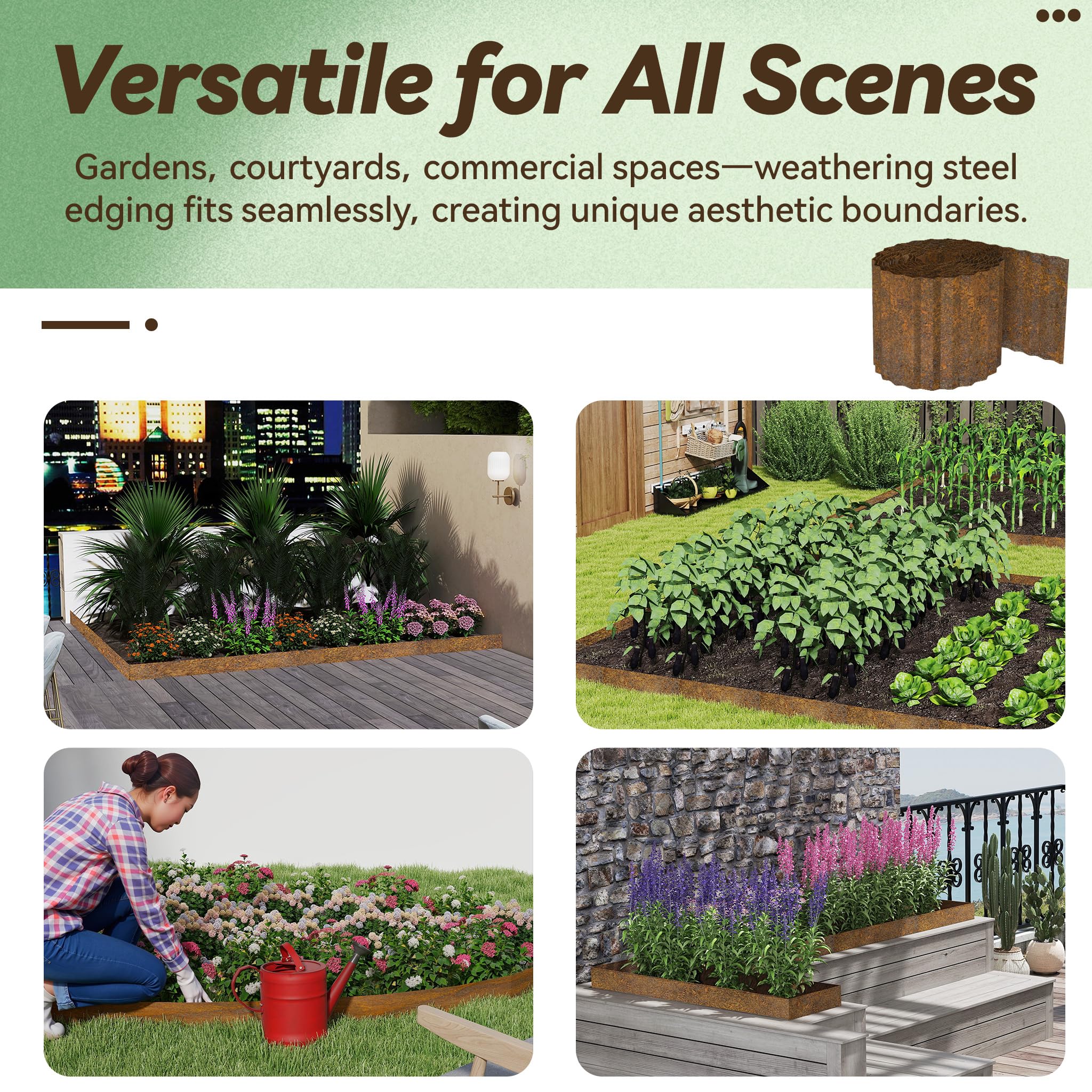 UISEBRT Bordure de pelouse en métal - 18 cm de haut - 10 m de long - Bordure de jardin flexible - Bordure de parterres de fleurs - Forme ondulée - Couleur rouille