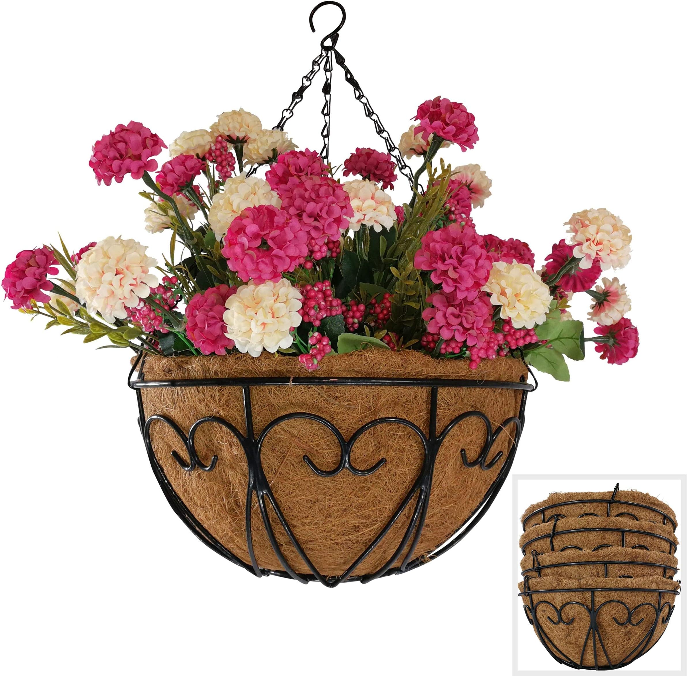 OUTOUR 4 Pack Exquisite Heart Pattern 12” Metal Hanging Planter Basket Plant Holder Flower Pot Hanger Wall Garden Lawn Patio House Decoration Indoor Outdoor