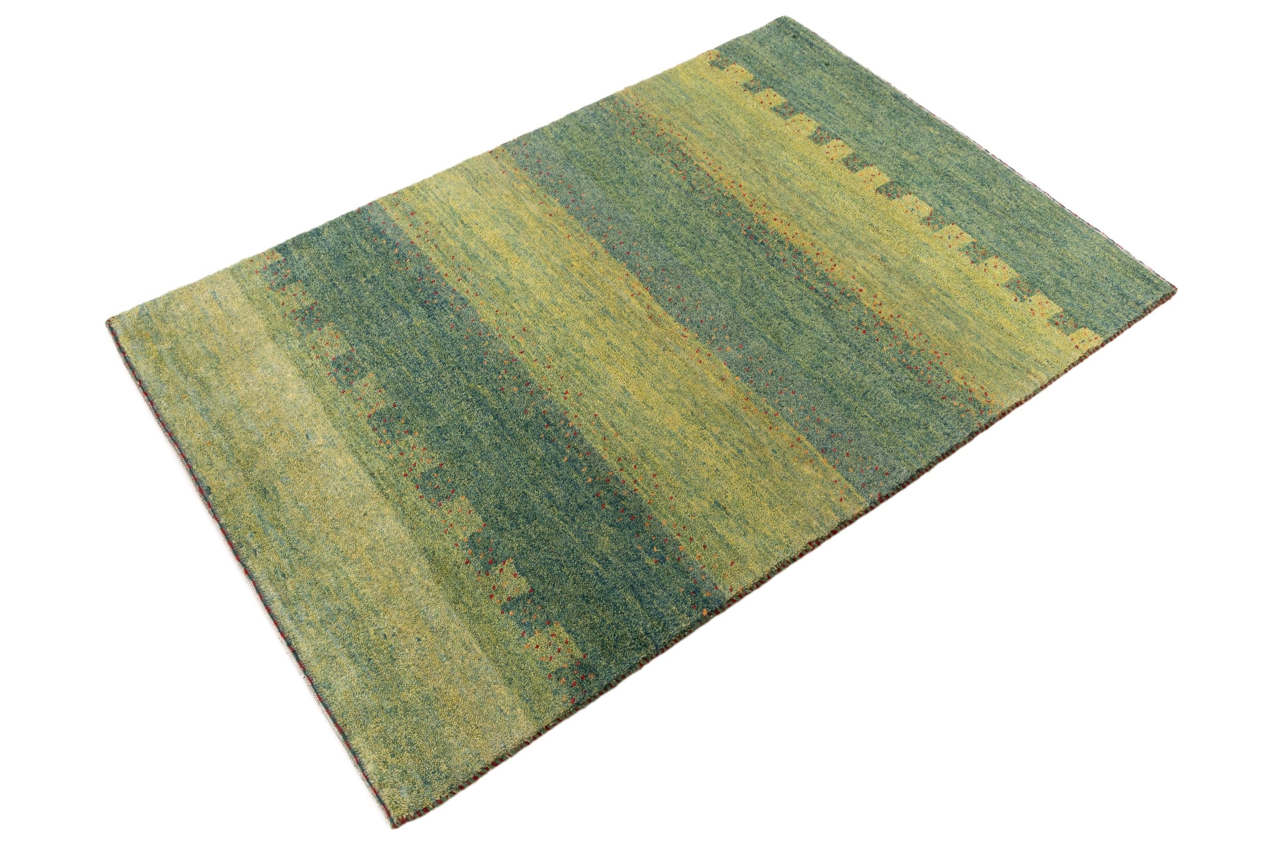 Ręcznie tkany dywan wełniany 100 x 150 cm – 100% naturalna wełna – dywan do salonu i przedpokoju – zielone paski, wytrzymały, nadaje się do ogrzewania podłogowego