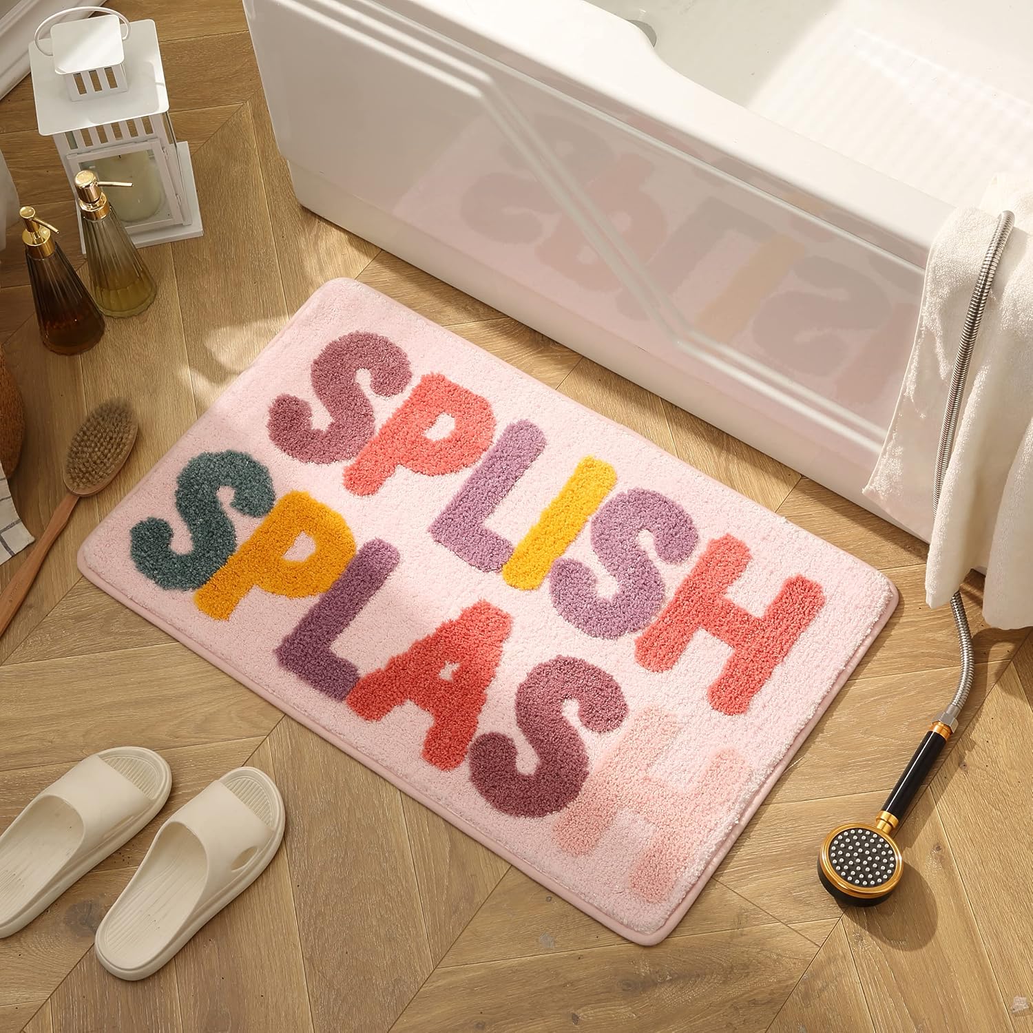 Kids Bath Rugs Microfiber Bathroom Non-Slip Mat Washable Cute Bath Mat for Kids Modern Absorbent Funny Letters (Splish-Pink, 20"x32")