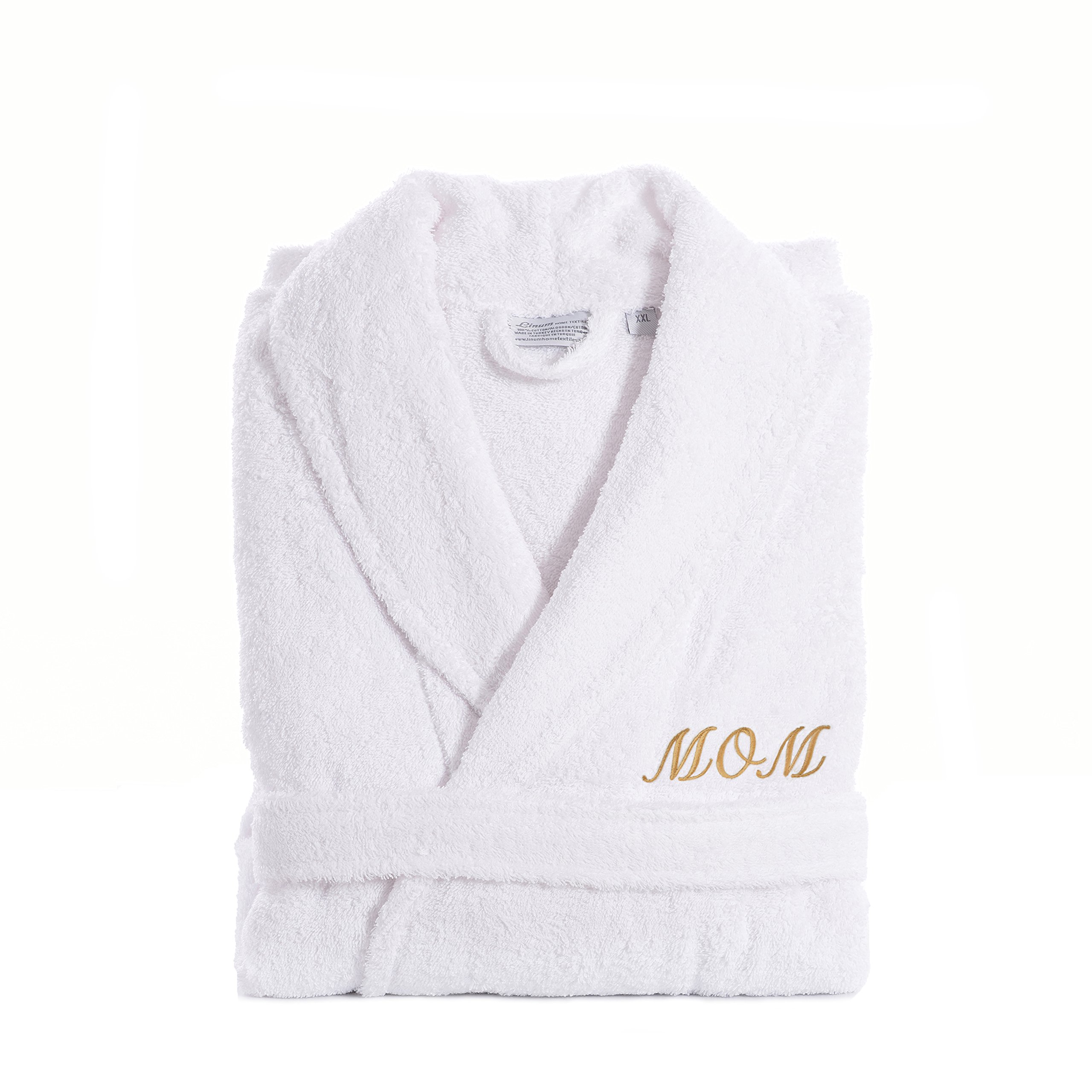 Linum Home Textiles TR00-LX-MOMG White Terry Bathrobe for MOM, Large/X-Large, Gold Embroidery