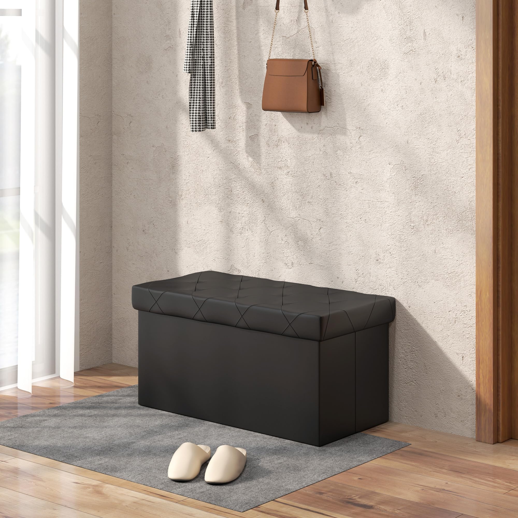 HOMCOM Panca Contenitore Pieghevole da 84L, Panca Fondoletto con Coperchio Imbottito e Rivestimento in Pelle PU, 76x38x38cm, Nero