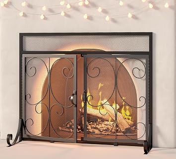 Flat Fireplace Screen with Doors, Wrought Iron Frame with Metal Mesh, Flat Panel Decorative Fireplace Screen with Scroll Design, Free Standing Spark Guard
