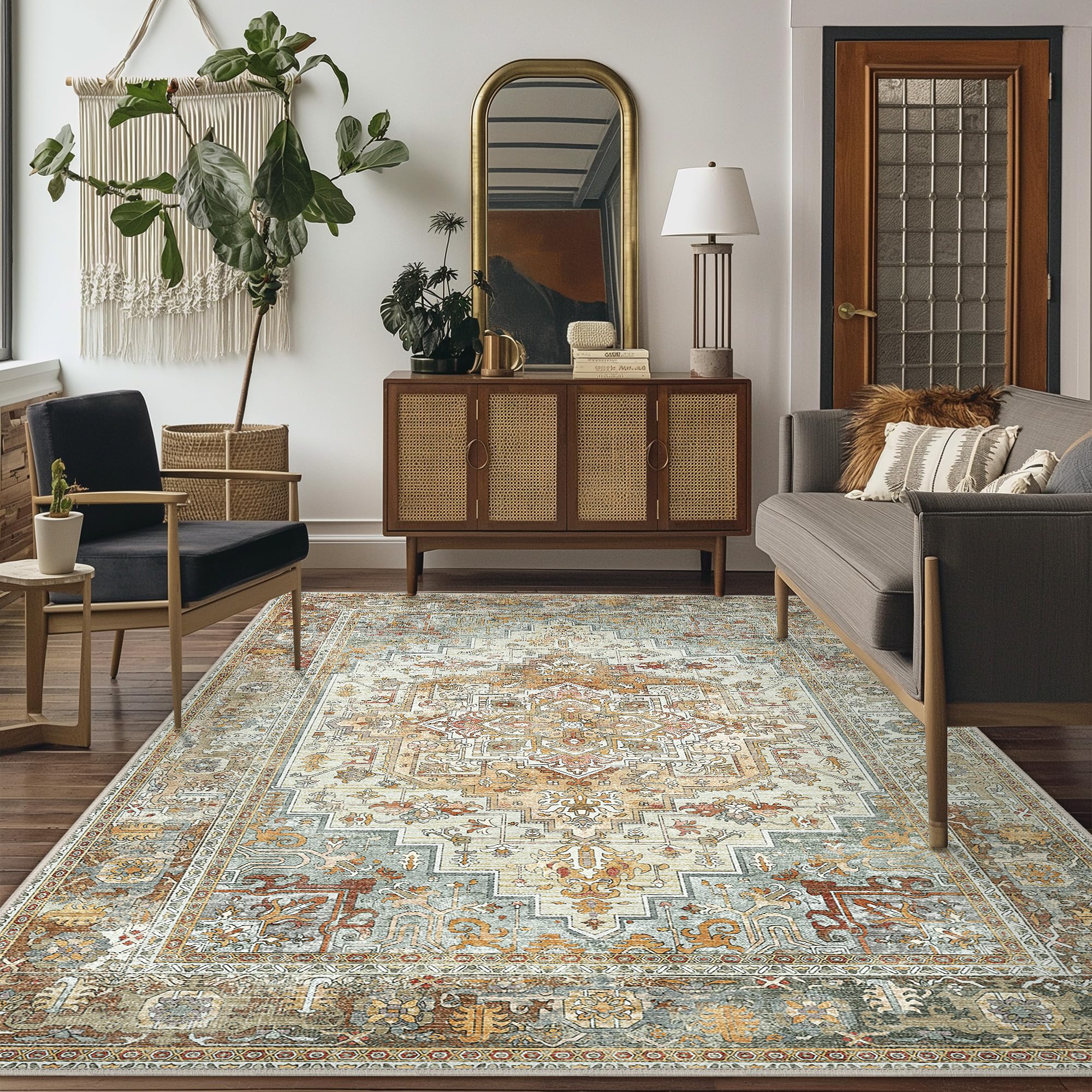 Bavni Rug 6x9, Machine Washable Area Rug, Soft Vintage Carpet, Non-Slip Rugs for Living Room, Bedroom, Dining Room, Durable Machine Washable Rugs,