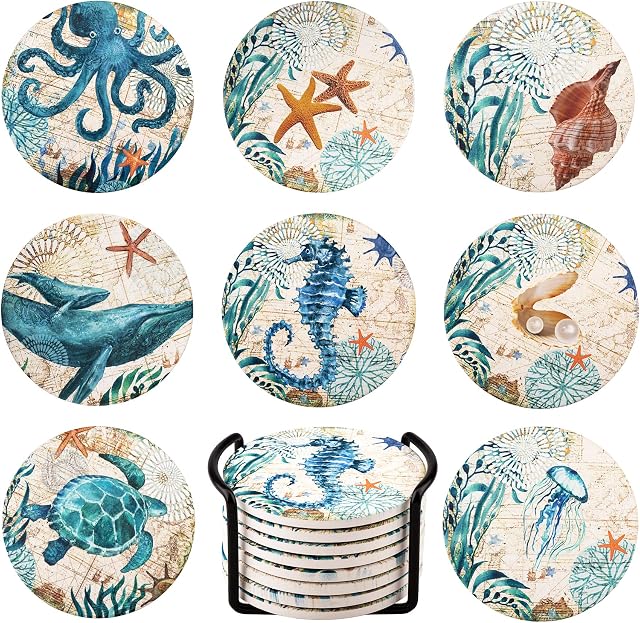 JelyArt Sea Ocean Drink Coaster Non Slip Ceramic Coaster Cork Set of 8 with Holder Home for Home Kitchen Office Bar Decor
