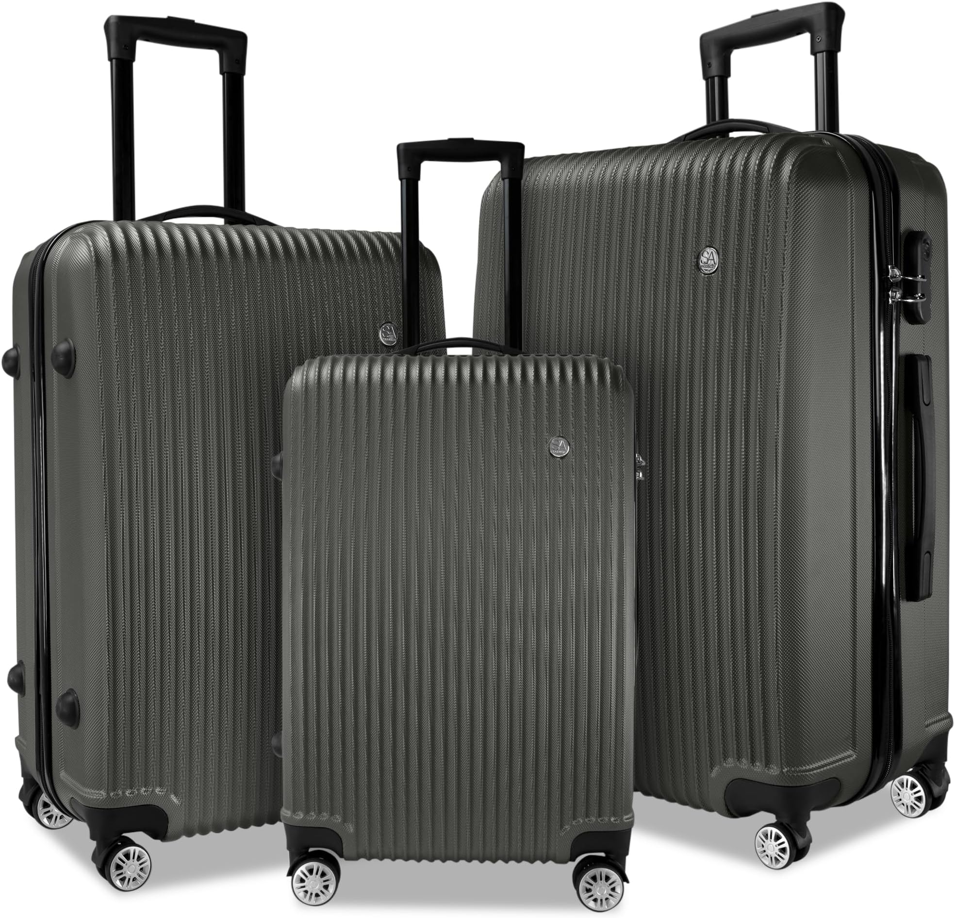 SA Products 3 Piece Hard Shell Suitcase Set - Lightweight ABS Luggage Sets for Travel with Cabin & Hold Bags - Secure 3-Digit Locks, 4-Wheel Spinner Suitcases - Ideal for Men and Women - Dark Grey