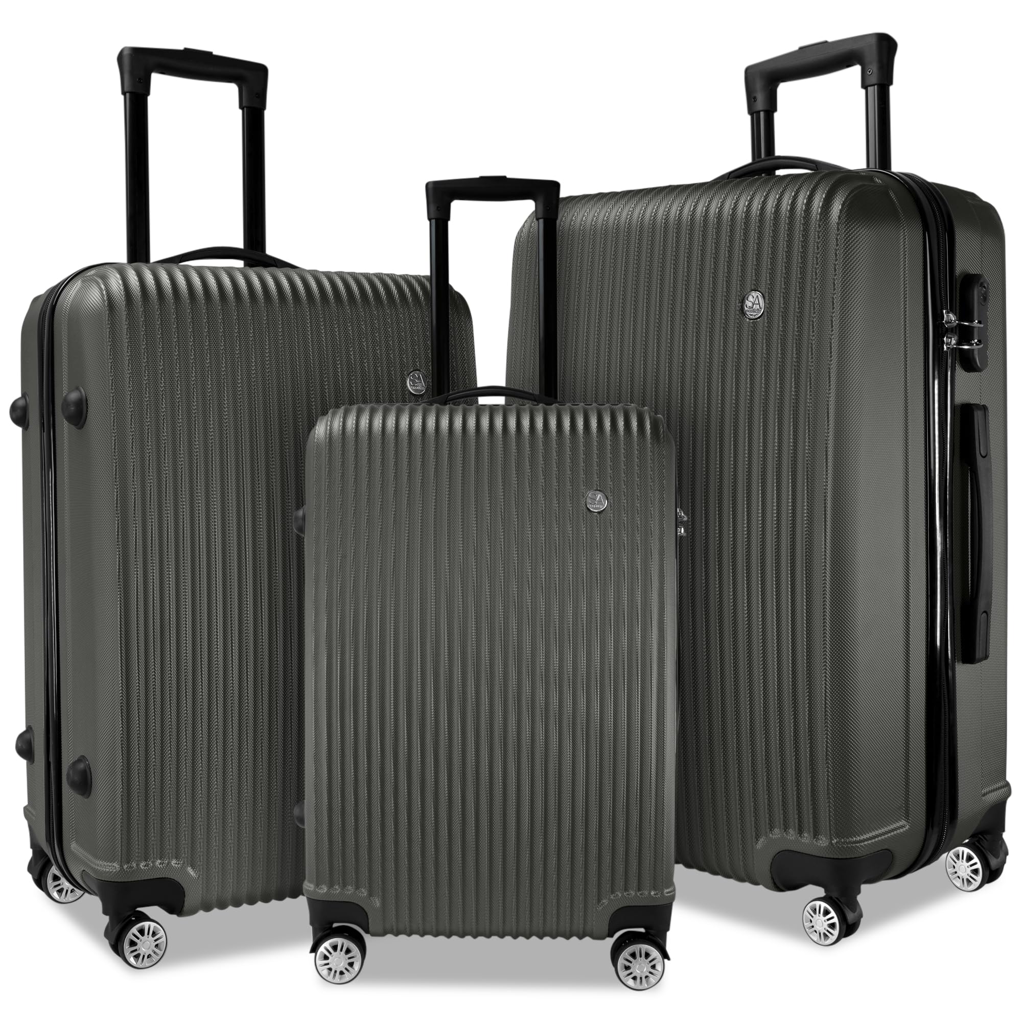 SA Products 3 Piece Hard Shell Suitcase Set - Lightweight ABS Luggage Sets for Travel with Cabin & Hold Bags - Secure 3-Digit Locks, 4-Wheel Spinner Suitcases - Ideal for Men and Women - Dark Grey