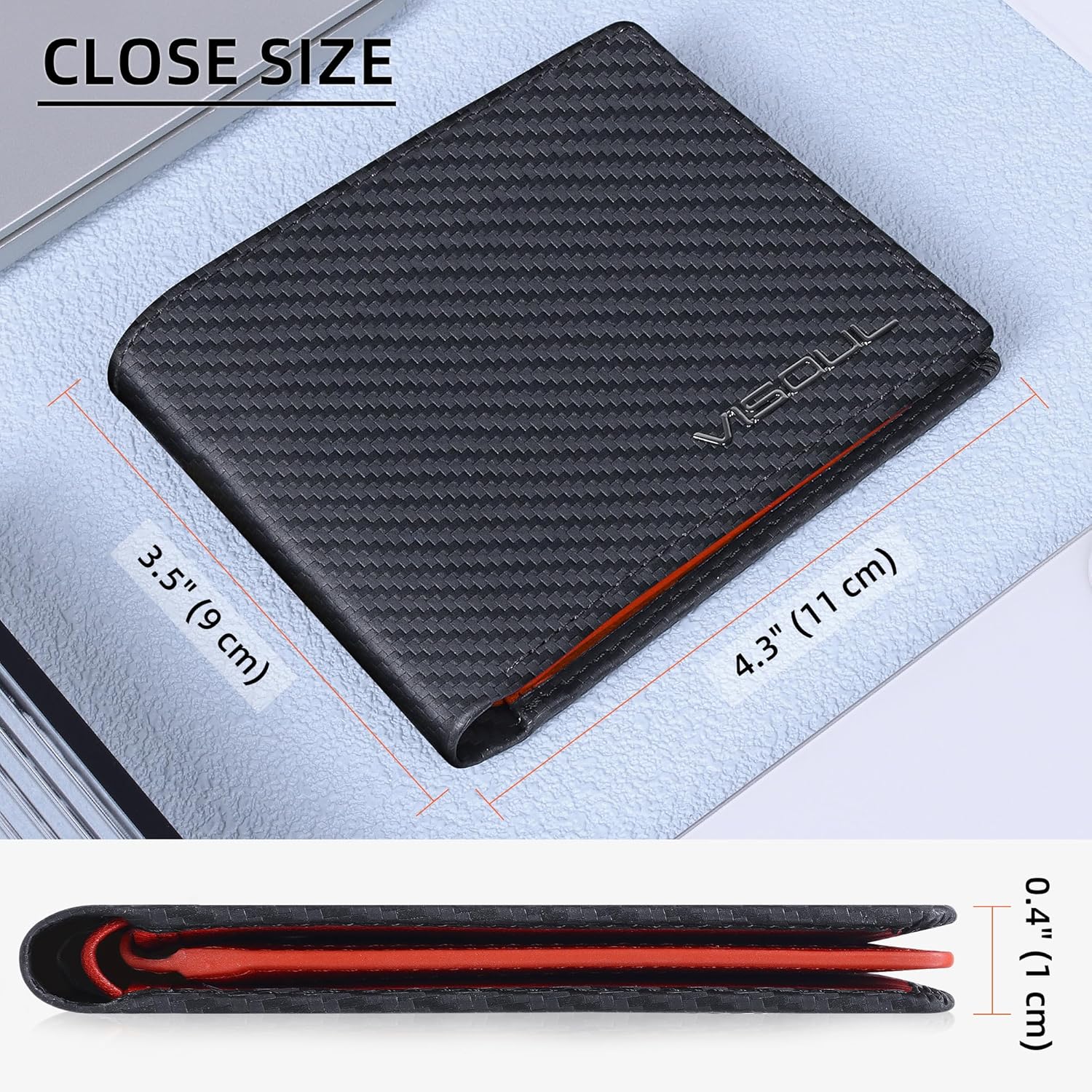 VISOUL Mens Bifold Wallet with 2 ID Windows Carbon Fiber Leather, RFID Blocking Secure Designer Billfold Wallets for Men with Two Cash Compartments (Black+Orange Red) - Image 5