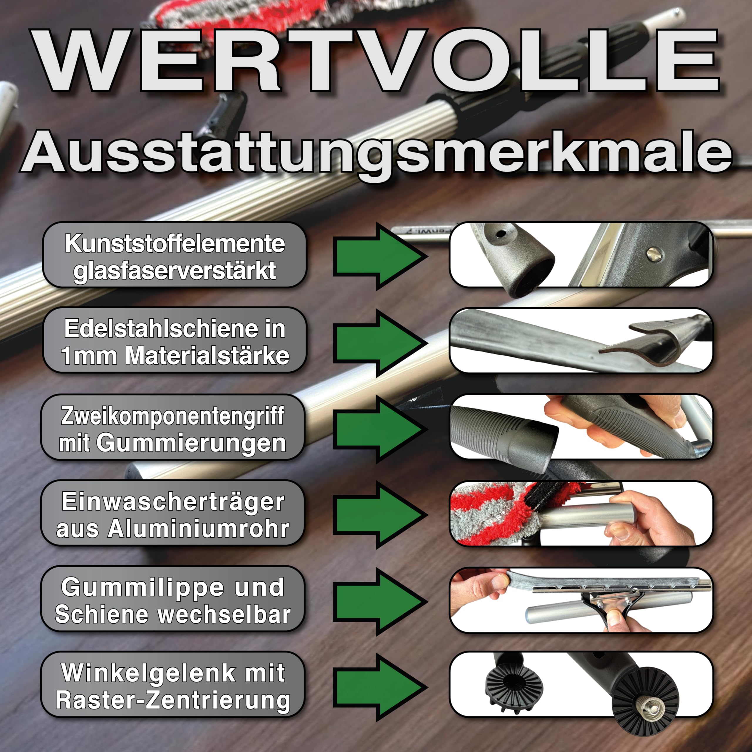FenWi 6m Teleskop Fensterputzer Profi Set mit Abzieher und Wischer 45/50cm | 45cm Gummilippe, Kombi Fensterwischer, Gelenk Alu Teleskopstange 600 cm, für Wintergarten, breite Fenster und Solar Reinigung