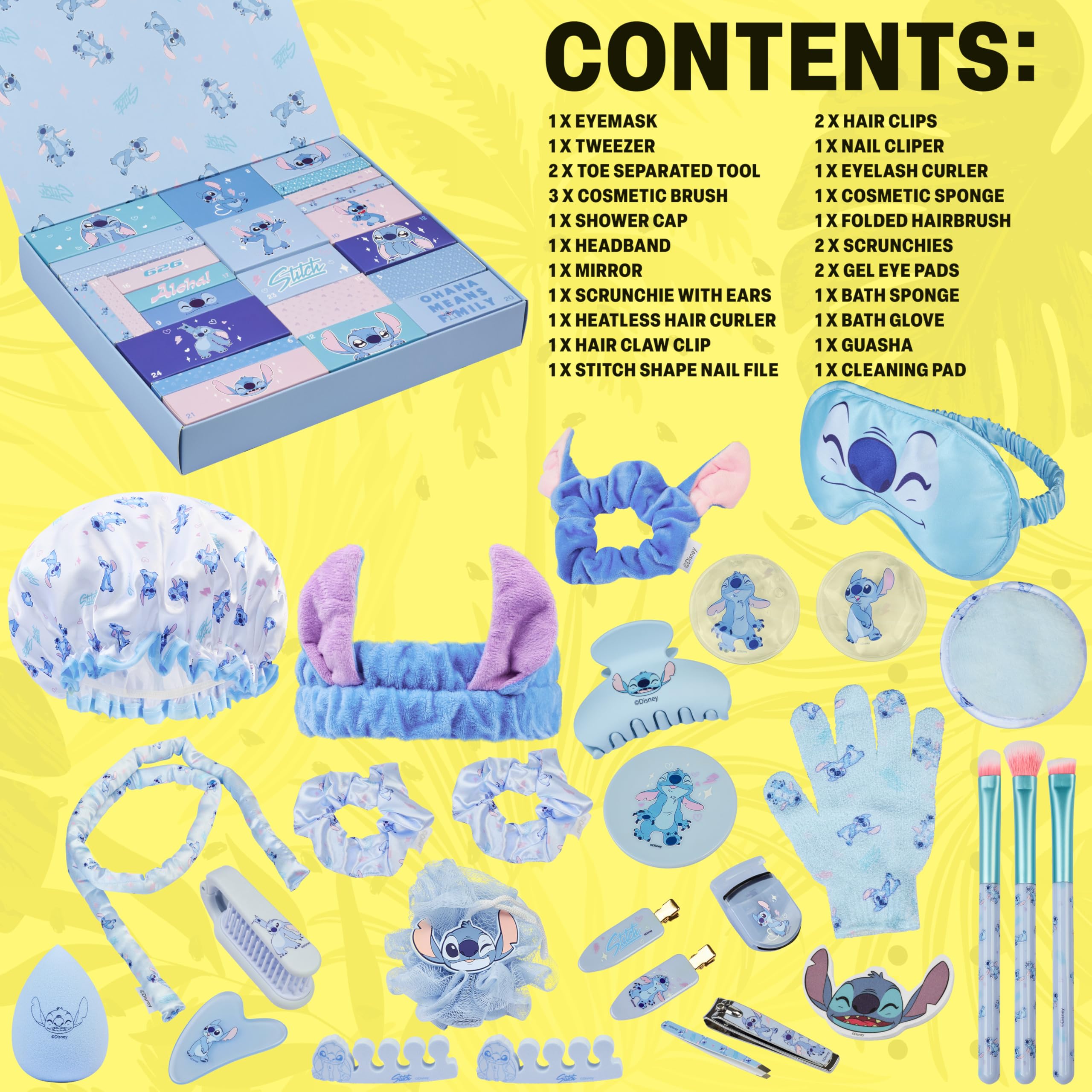 Get Trend Disney Stitch Calendrier de l'Avent 2025 Fille Ado Femme, Coffret Beauté, Masque de Sommeil, Pinceaux, Compte à Rebours Noël (Bleu Stitch)