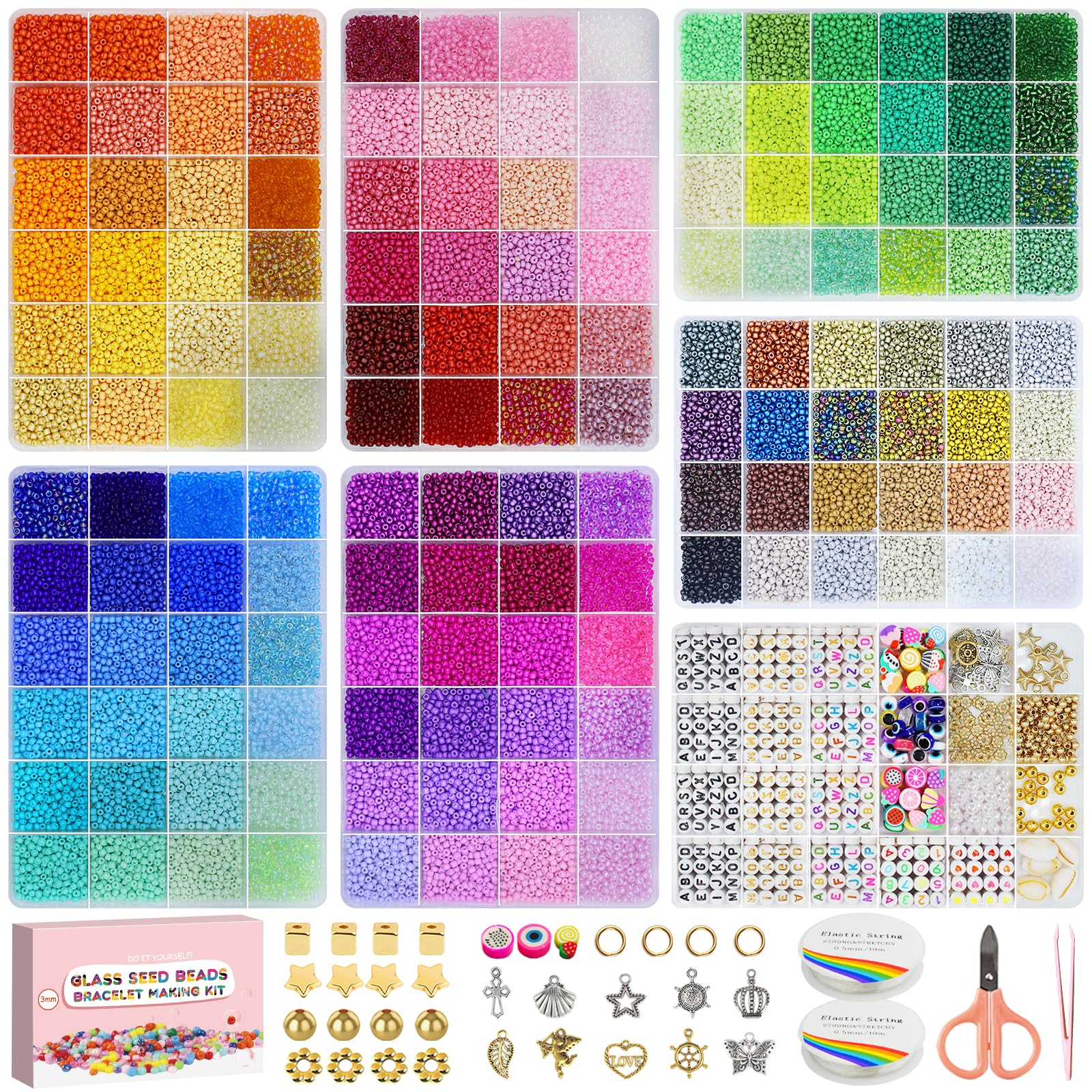 Dazhqp 45000 3mm 144 Farben Armbänder,Armbänder Selber Machen Mit Glasperlen, Perlen Set Zum Auffädeln,Perlenset für Weihnachten Partys Kinder Feiertage DIY Bracelet Making Kit Halsketten Handwerk