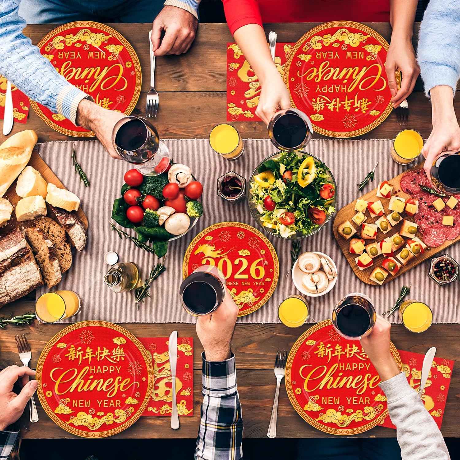 200Pcs Chinese New Year Decorations Lunar New Year Paper Plates and Napkins Spring Festival DisposableTableware for 2026 Happy Chinese Spring Festival Decorations Serves 50