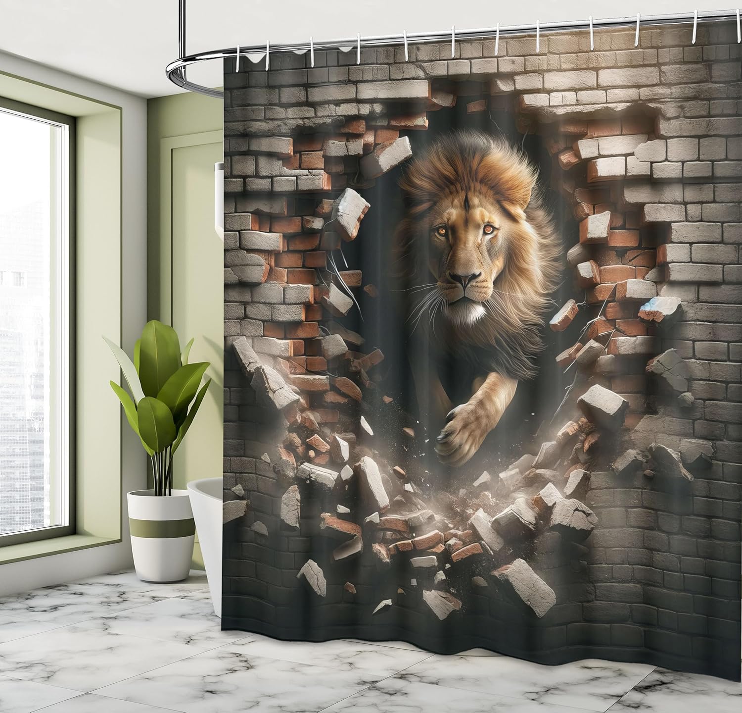 Ambesonne Lion Shower Curtain, Modern Illustration of King of The Jungle Emerging from Brick Wall, Cloth Fabric Bathroom Decor Set with Hooks, 69" W x 70" L, Pale Mustard and Dark Mustard
