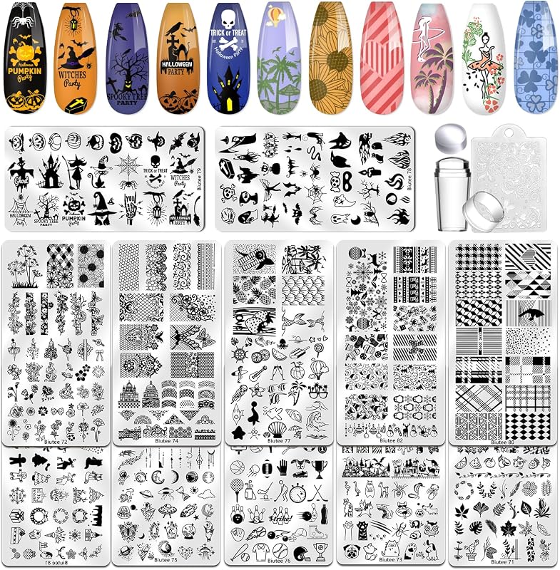 Biutee Juego de placas de estampado de uñas, 12 piezas, kit de estampado de uñas con estampador de uñas | Placa de estampado para manicura con raspador, Kit de estampador de uñas, hojas de flores, encaje Animal, diseño de estrella, placa de sello para uñas DIY