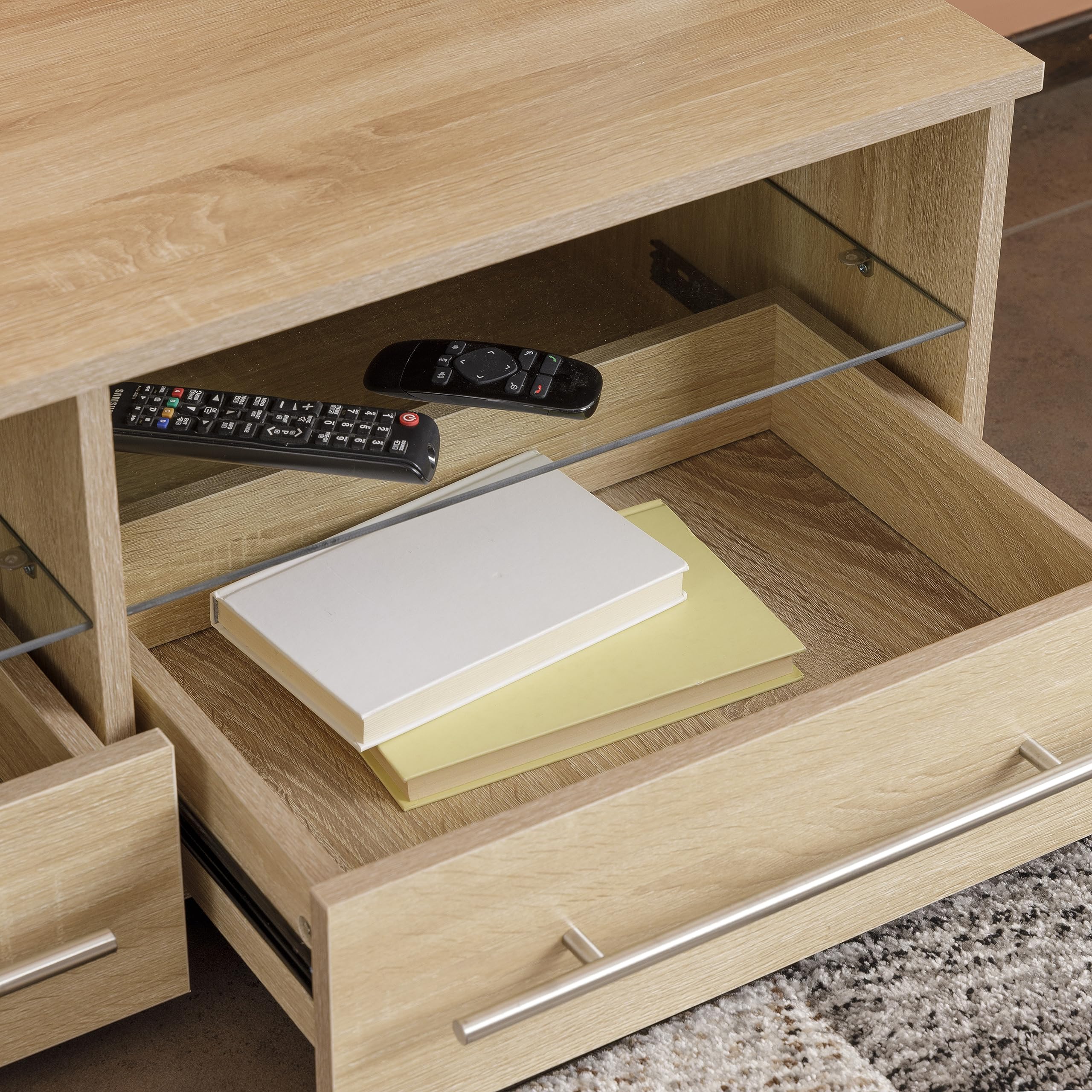 Baroni Home Mobile per Tv con 2 Ripiani 2 Cassetti, Foro per Passaggio Cavi in MDF, Consolle Porta TV per Camera da Letto, Salotto, Cucina, Natural, 100x45x35 cm