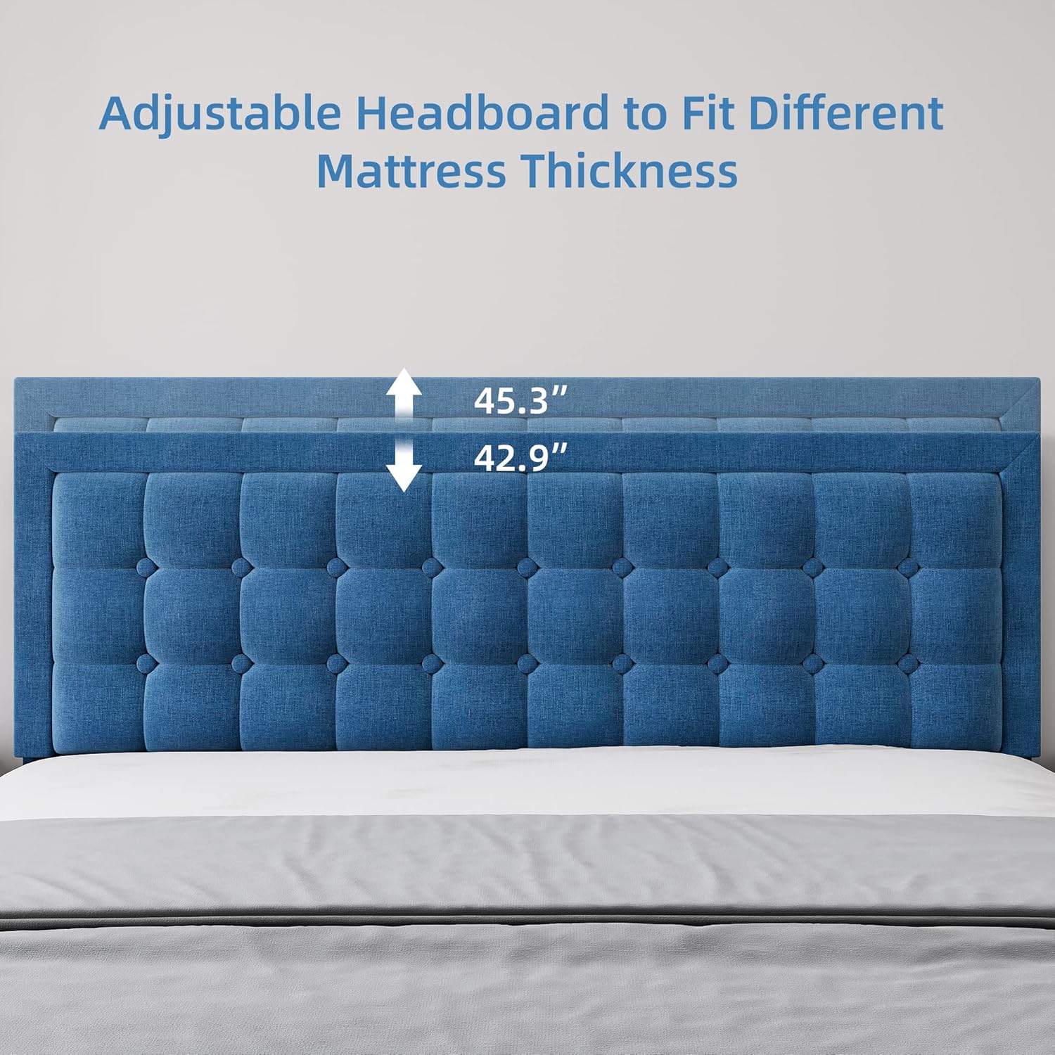 King Size Platform Bed Frame with Linen Button Tufted Headboard, Heavy Duty Mattress Foundation, and Noise-Free Design in Blue
