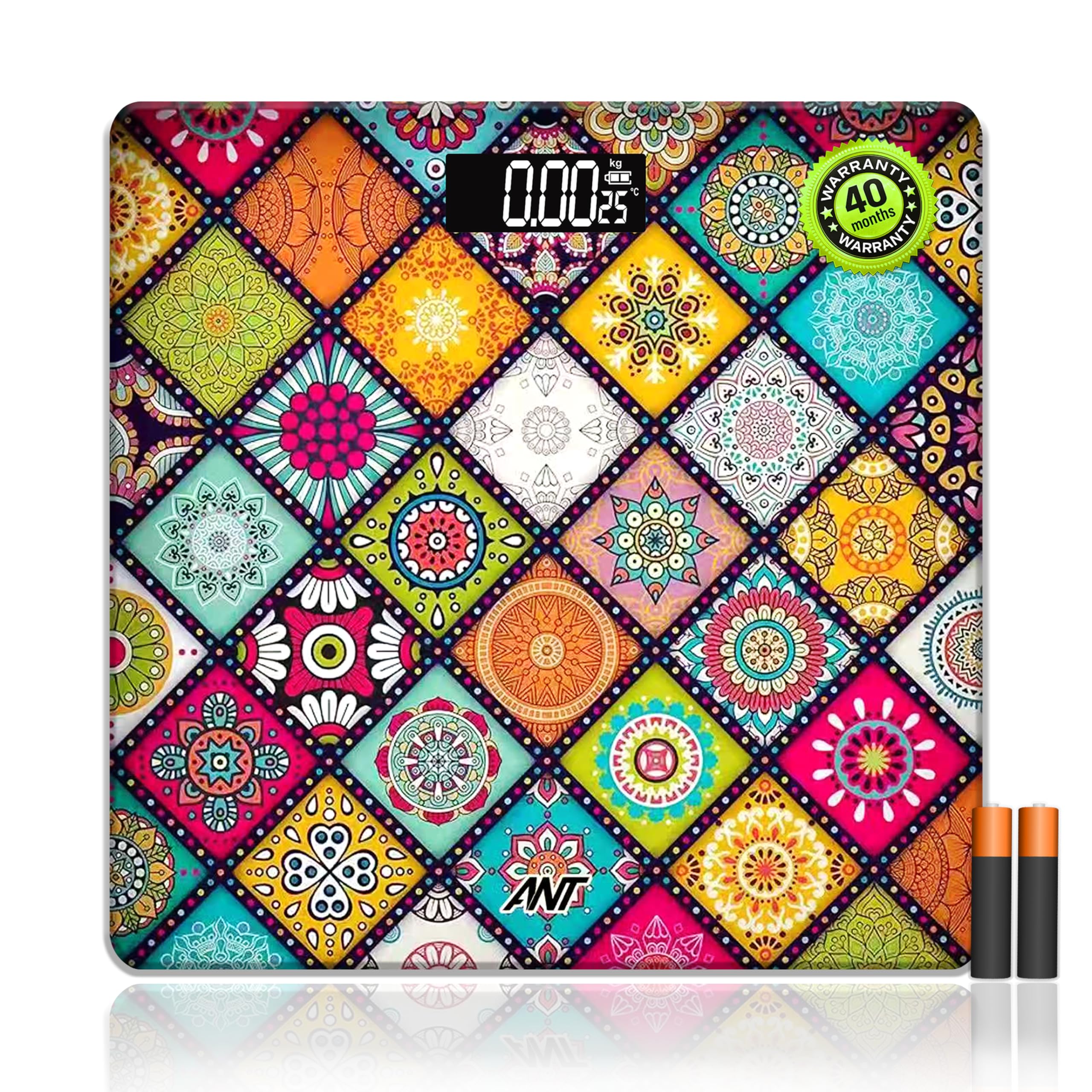 Ant Flora Mandala Digital Weighing Scale for Body Weight 180 kg Capacity | High Precision Sensors | Tempered Glass | Auto Off | LCD Display | Anti-Skid | Personal Health Fitness Scale