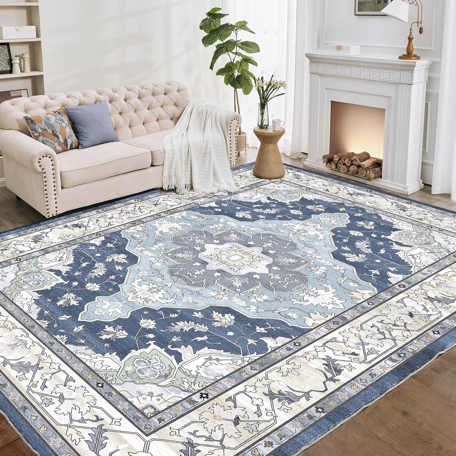 ROCYJULIN 5x7 Area Rugs for Living Room, Fluffy Faux Wool Area Rugs 5x7 for Bedroom, Medium-Pile 5x7 Rug with Non-Slip Backing, 5 x 7 Washable Carpet for High Traffic Area, Blue & Cream 5x7 feet-1000gsm Blue #2