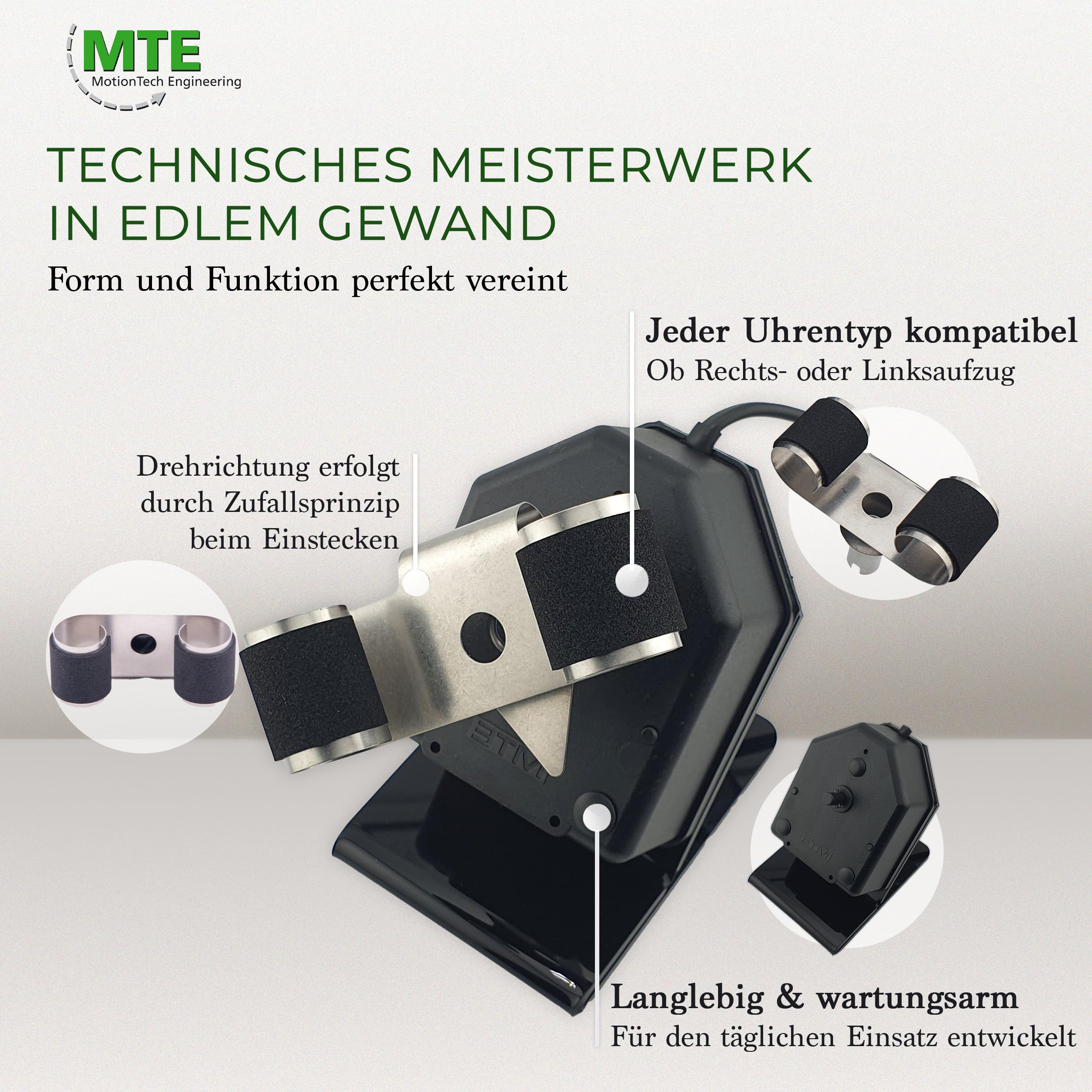 MTE Bewegungstechnik Uhrenbeweger (WTS 220 Schwarz) – Uhrenbeweger für Automatikuhren – Uhrendreher mit Synchrongetriebemotor – elegantes Design & hochwertige Qualität – Made in Germany