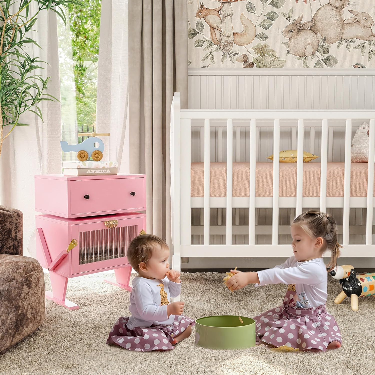 End Table with LED Light Strips, Modern Bedside Table with 360° Rotating Drawer, Creative End Table with Storage, Wood Night Stand Cabinet for Living Room, Bedroom, Nursery, Pink