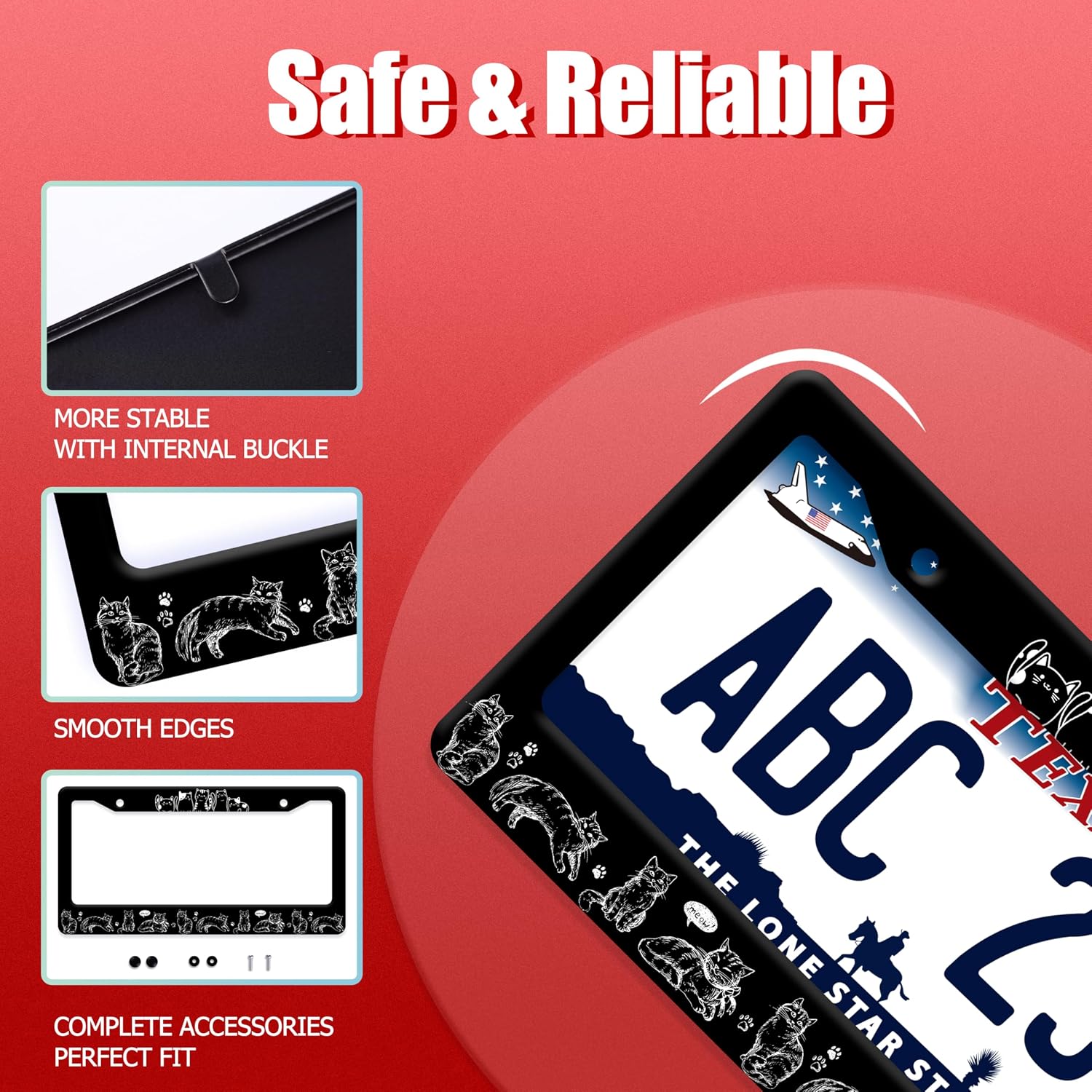 Black White Cats License Plate Frame Stainless Steel Cat License Holder image 2