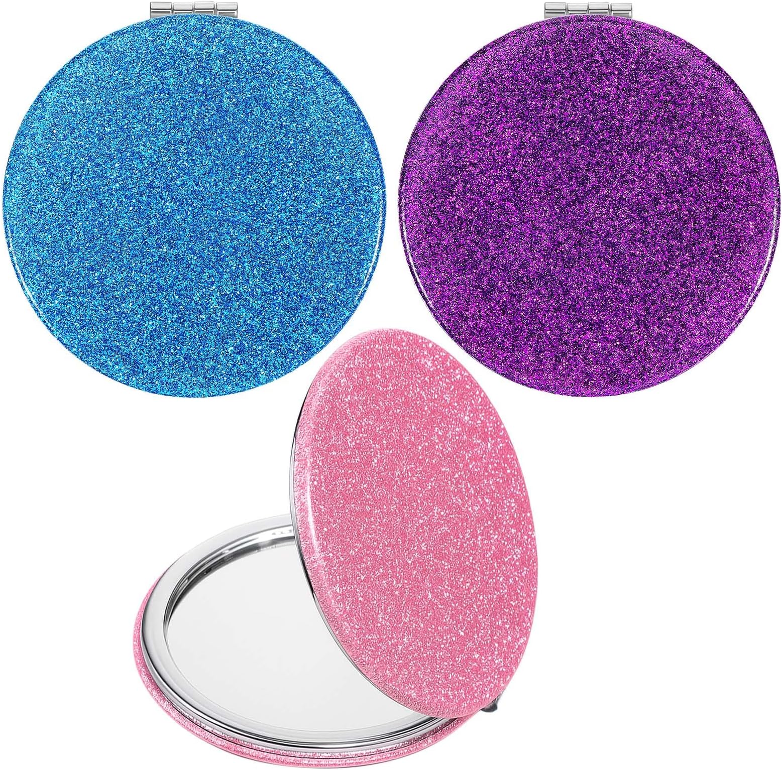 3 Pcs Mini Mirror Compact Mirrors, Sparkling Compact Mirror For Handbag, 1x&2x Magnifying Pocket Mirrors for Women Girls Travel (Glitter)