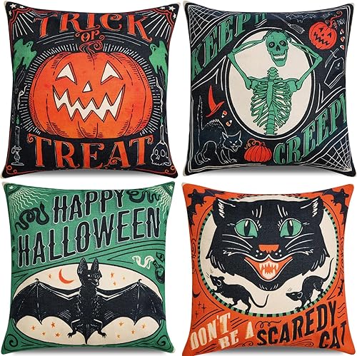 Decoración Vintage de Halloween - Fundas de Cojines Decorativos 18x18 pulgadas juego de 4, Fundas de Cojín de Lino Retro con Gatos Asustadizos