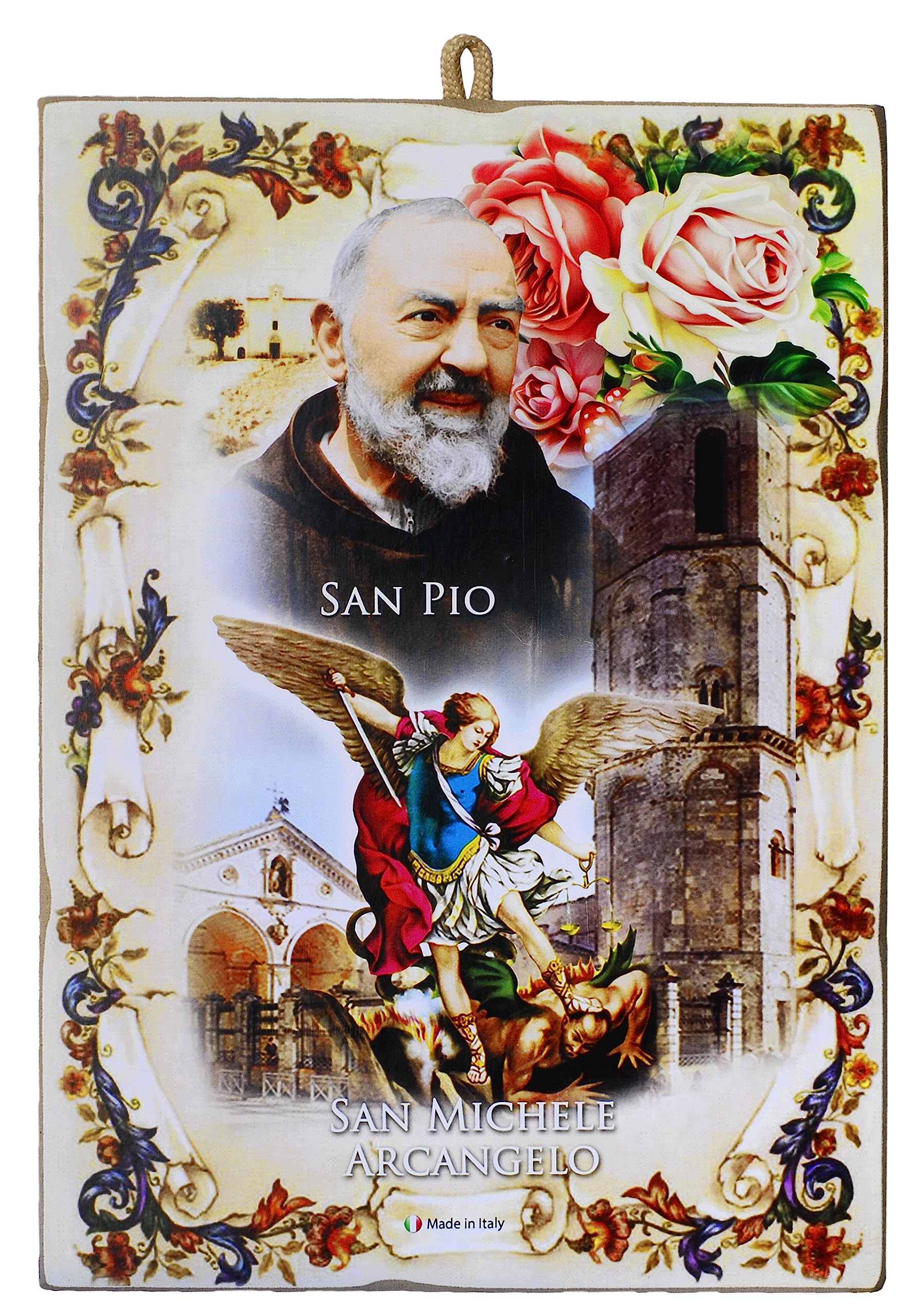 KUSTOM ART Sopramobile San Padre Pio Tipo Libricino Stampato Su Legno Pieghevole Con Inserti Ornamento Oro A Caldo 14,5x10cm