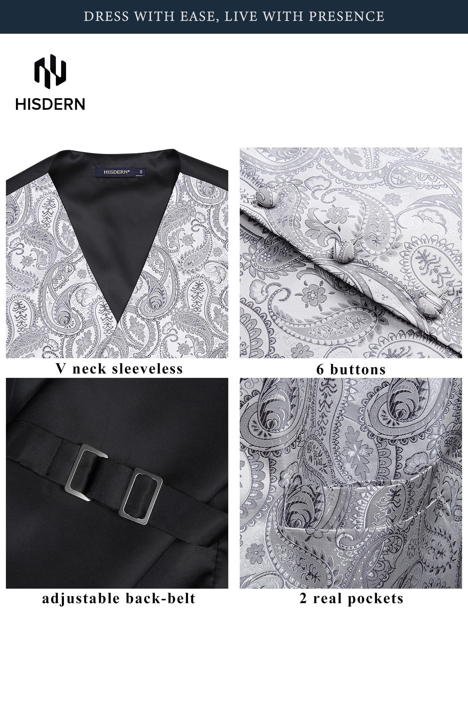 HISDEREN Hommes Paisley Gilet Floral Jacquard cravate poche carre mouchoir fete de mariage affaires Fit gilet costume ensemble XS-6XL