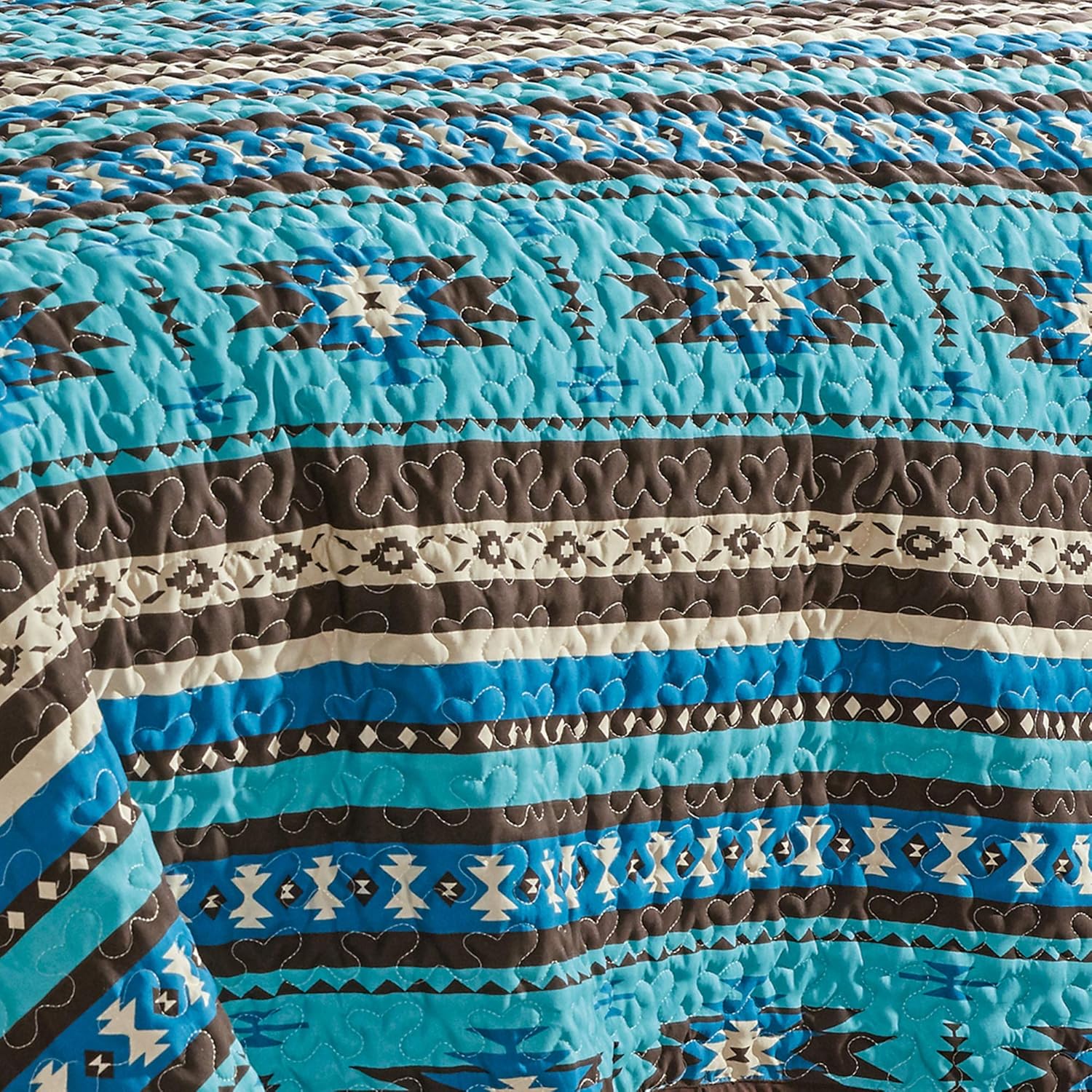 3-Piece Printed Oversize Queen Size Quilt Set, All-Season Bedspread, Native American Tribal Navajo Pattern Coverlet with Pillow Shams Bed Cover (Turquoise Blue, Brown, Khaki, Southwestern) - Image 6