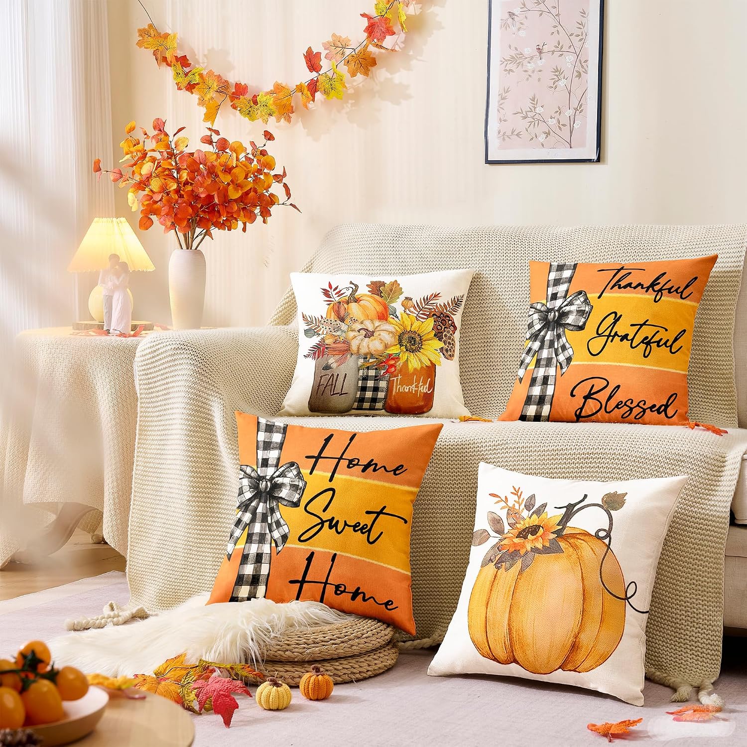 Fall Pillow Covers 16x16 Set of 4 Rustic Indoor Outdoor Decorations Fall Decor for Home Orange Throw Pillow Covers,Thankful Grateful Linen Autumn Cushion Case for Sofa Couch Chair Bedroom