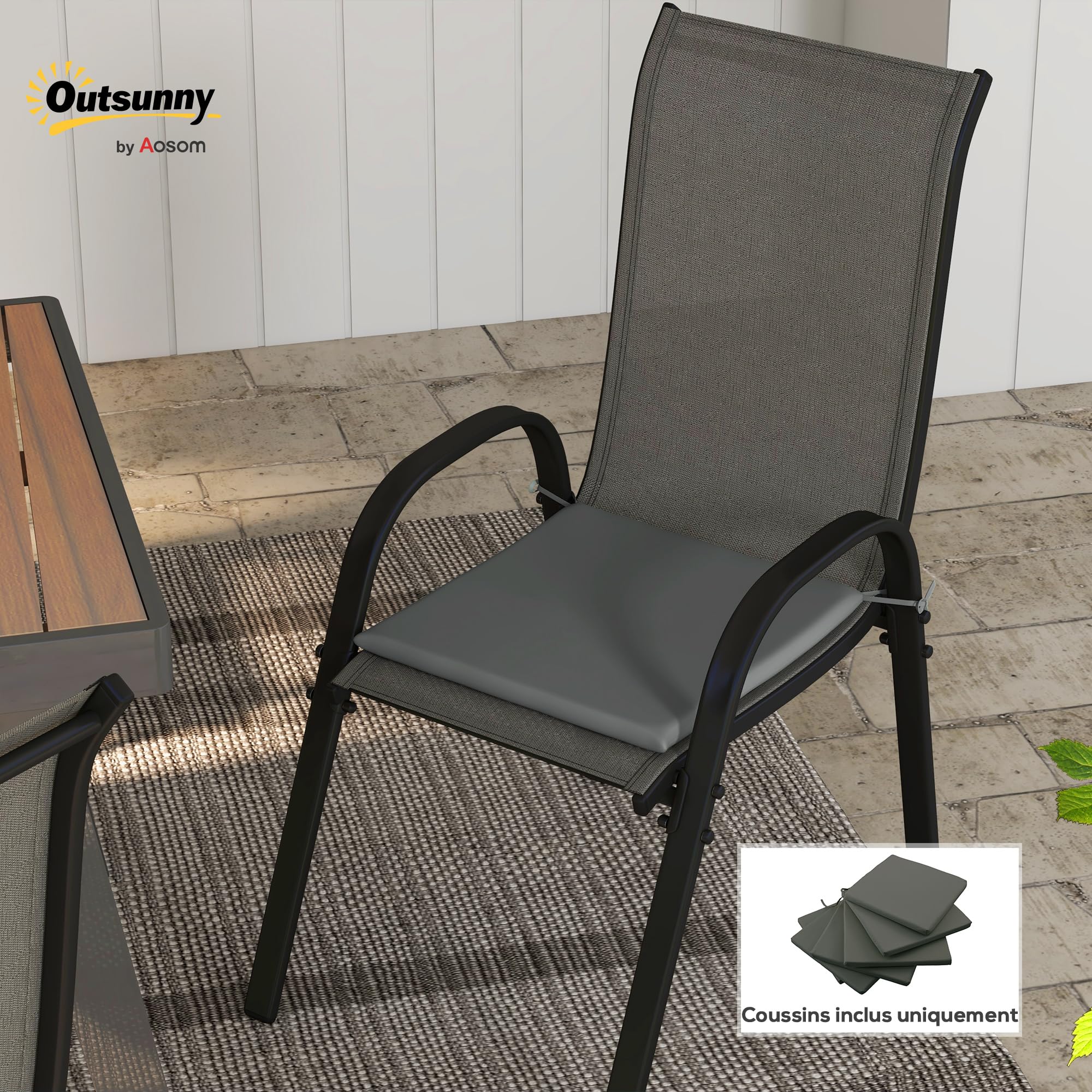 Outsunny Lot de 6 Coussins de Chaise Jardin Capitonné 42x42cm Gris Foncé | Coussins Extérieur, Grand Confort, avec Attaches, Galette Chaise Exterieur