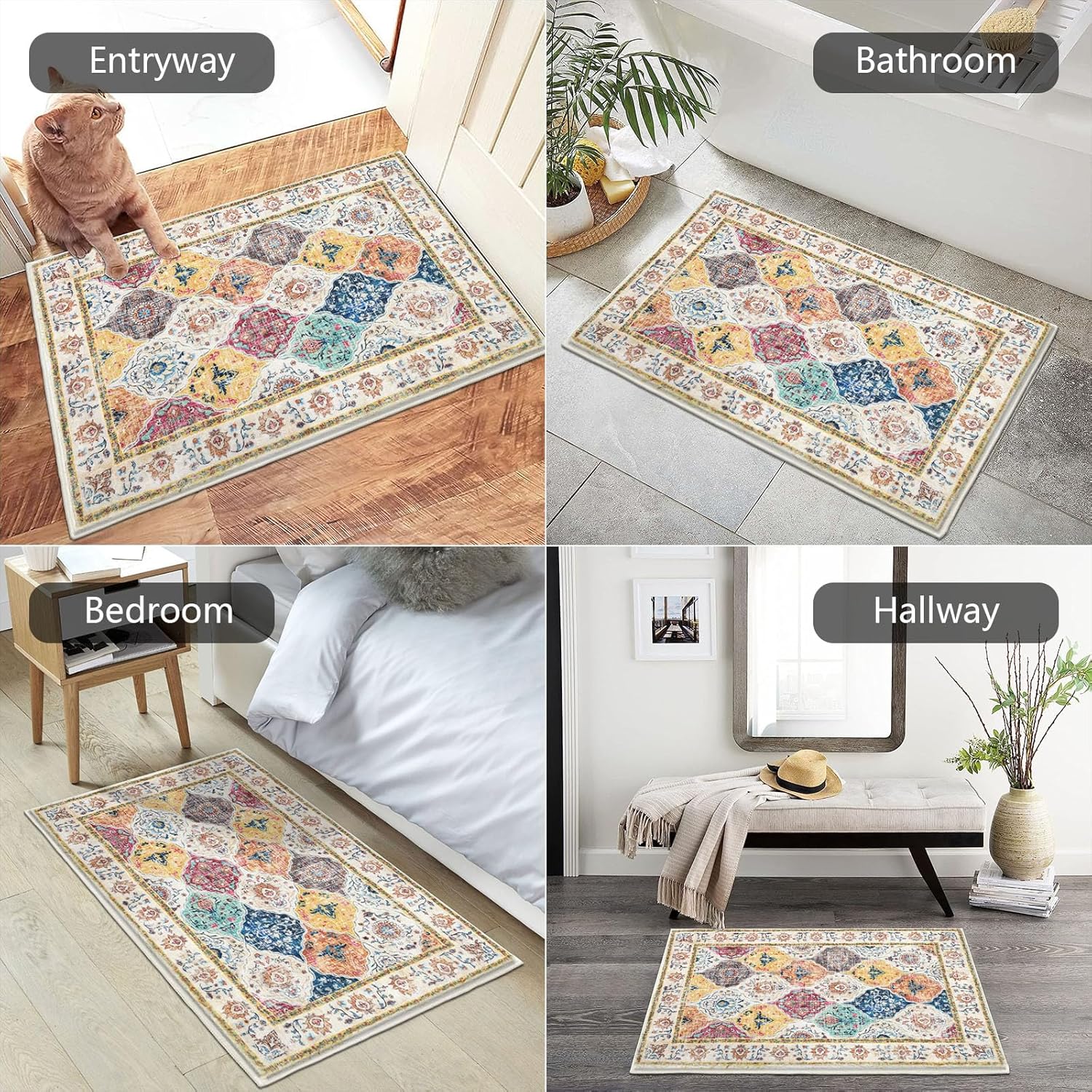 HEBE Washable Area Rug - 2'x3' Non Slip Soft Distressed Medallion Bedroom Boho Living Room Accent Throw Vintage Entry Floor Carpet for Dining Room Bathroom Entryway