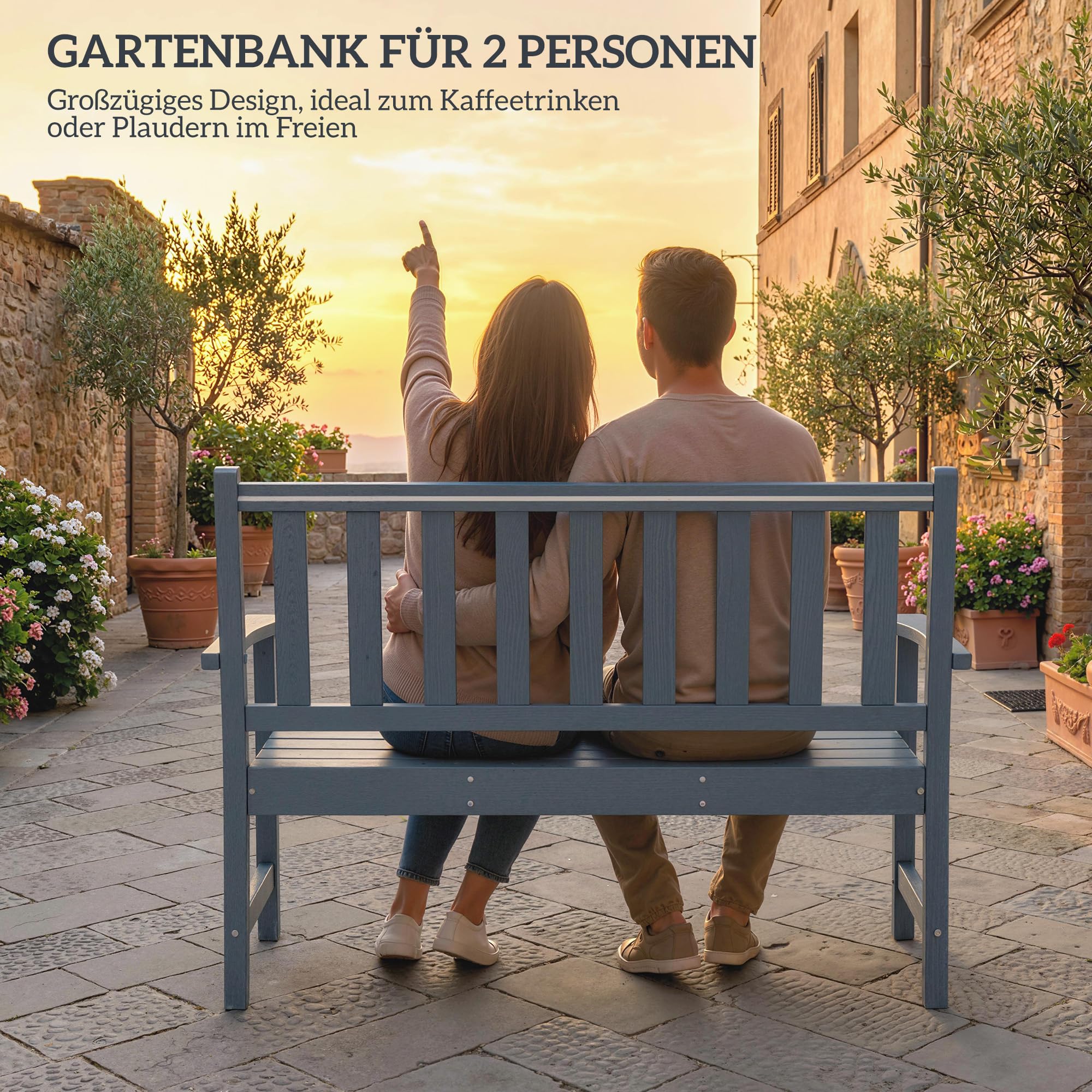 Outsunny Gartenbank 2-Sitzer wetterfest Kunststoff Outdoor Sitzbank mit Lamelldesign Holzoptik Rückenlehne Ergonomisch Balkonbank bis 240kg Parkbank Gartenmöbel für Garten Park 130 x 59 x 91cm Grau