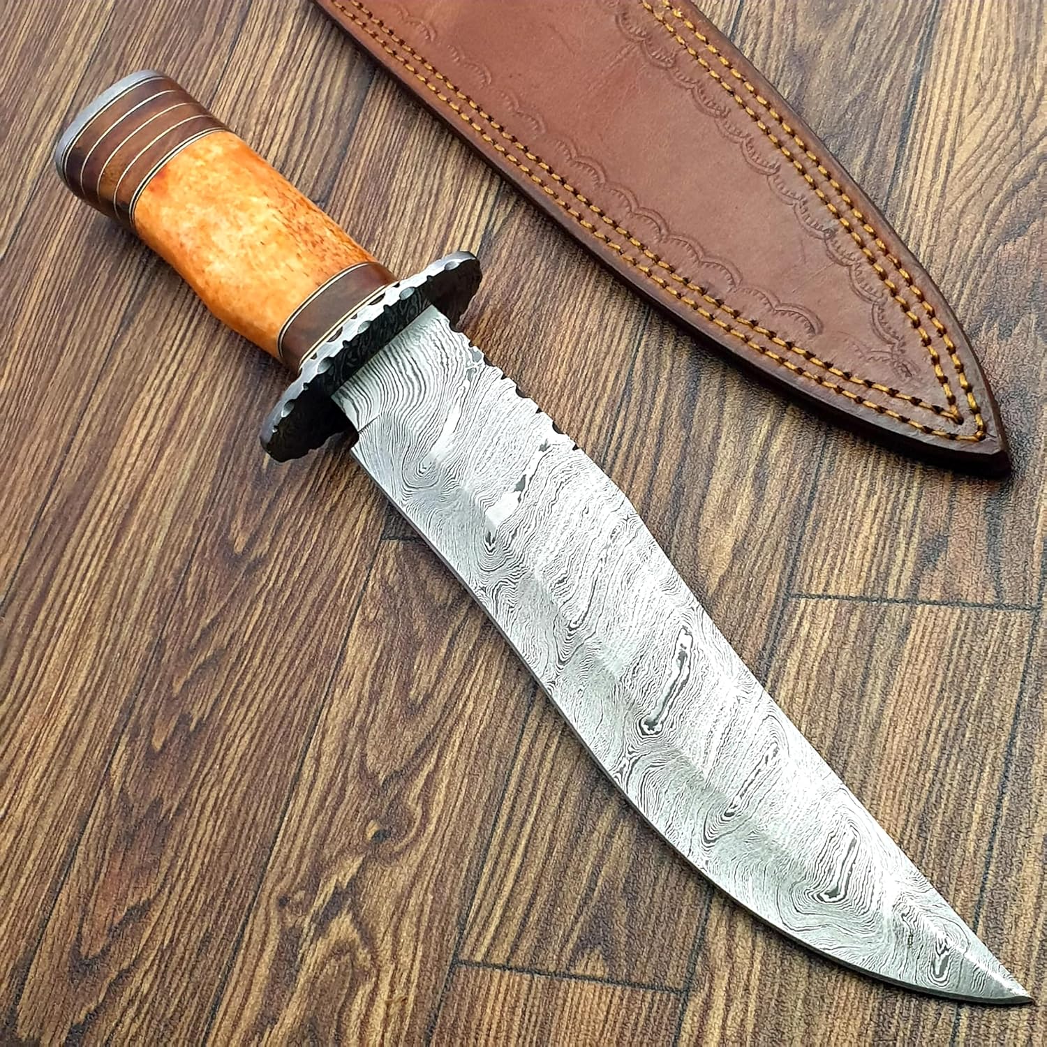 HK-80 Handmade Damascus Steel Knife for Hunting, Survival, Camping, Skinning, Bushcraft, Fixed Blade Full Tang Bone Handle, with Leather Sheath., Oring, KZ-59